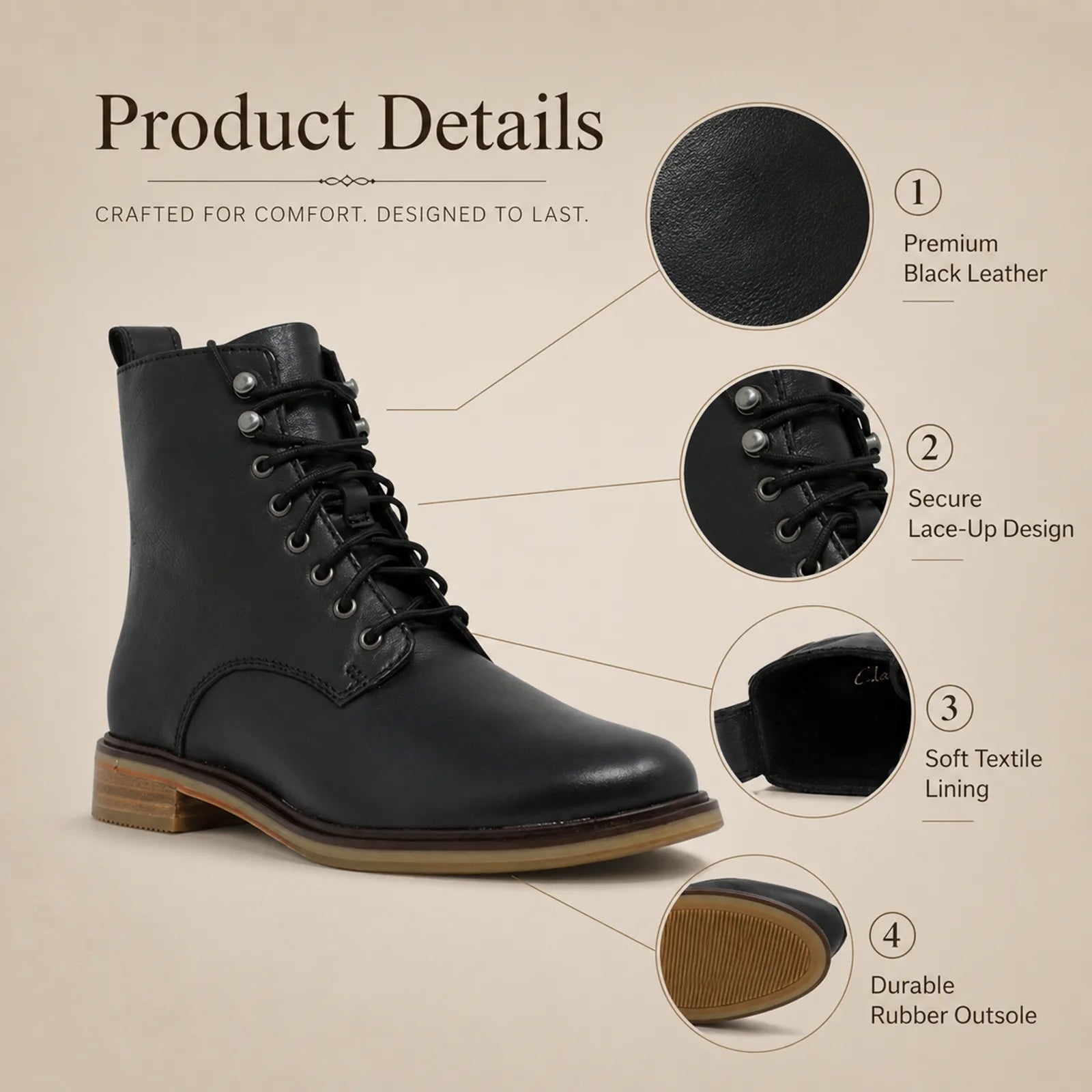 Black leather lace-up ankle boot shown with close-up style details.