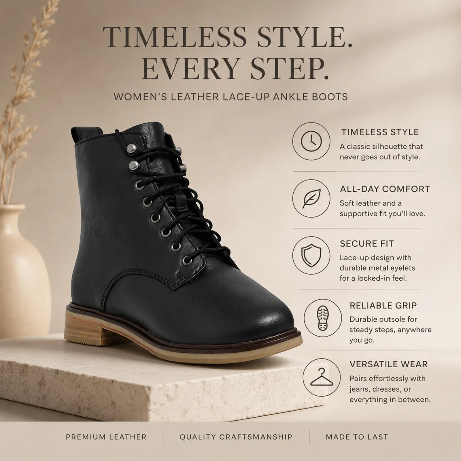 Black leather lace-up ankle boots with durable sole and lace-up front.