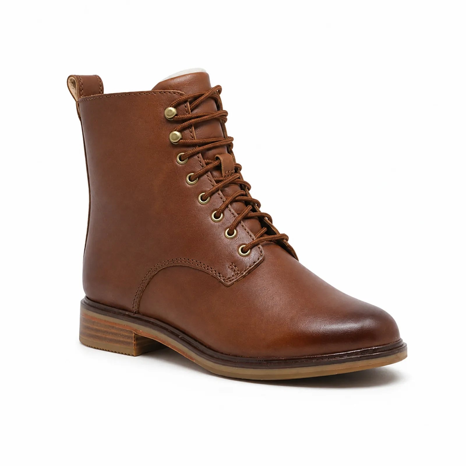 Dark brown leather lace-up ankle boots with metal eyelets and low wooden-style heel.