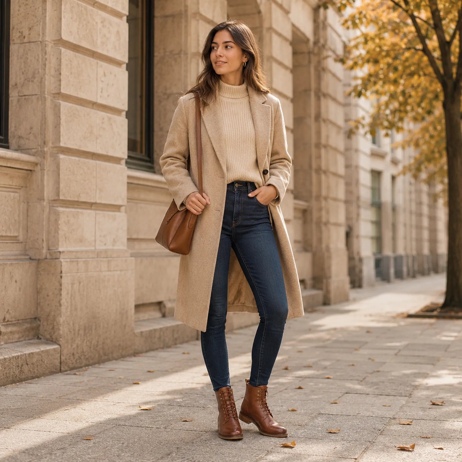Dark brown leather lace-up ankle boots worn with jeans and a long beige coat.