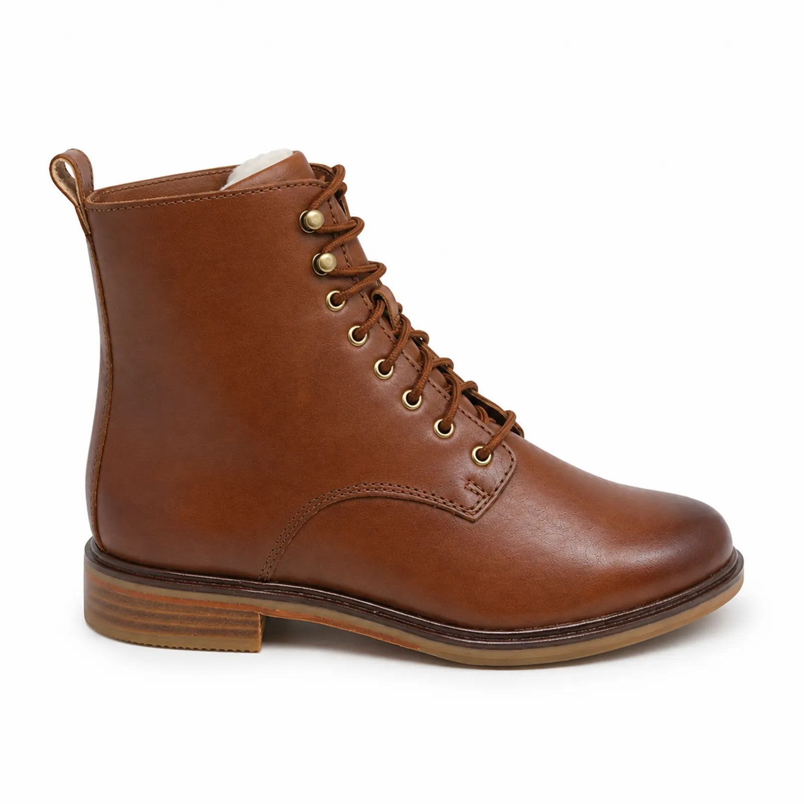Dark brown leather lace-up ankle boots with rounded toe and tan rubber sole.