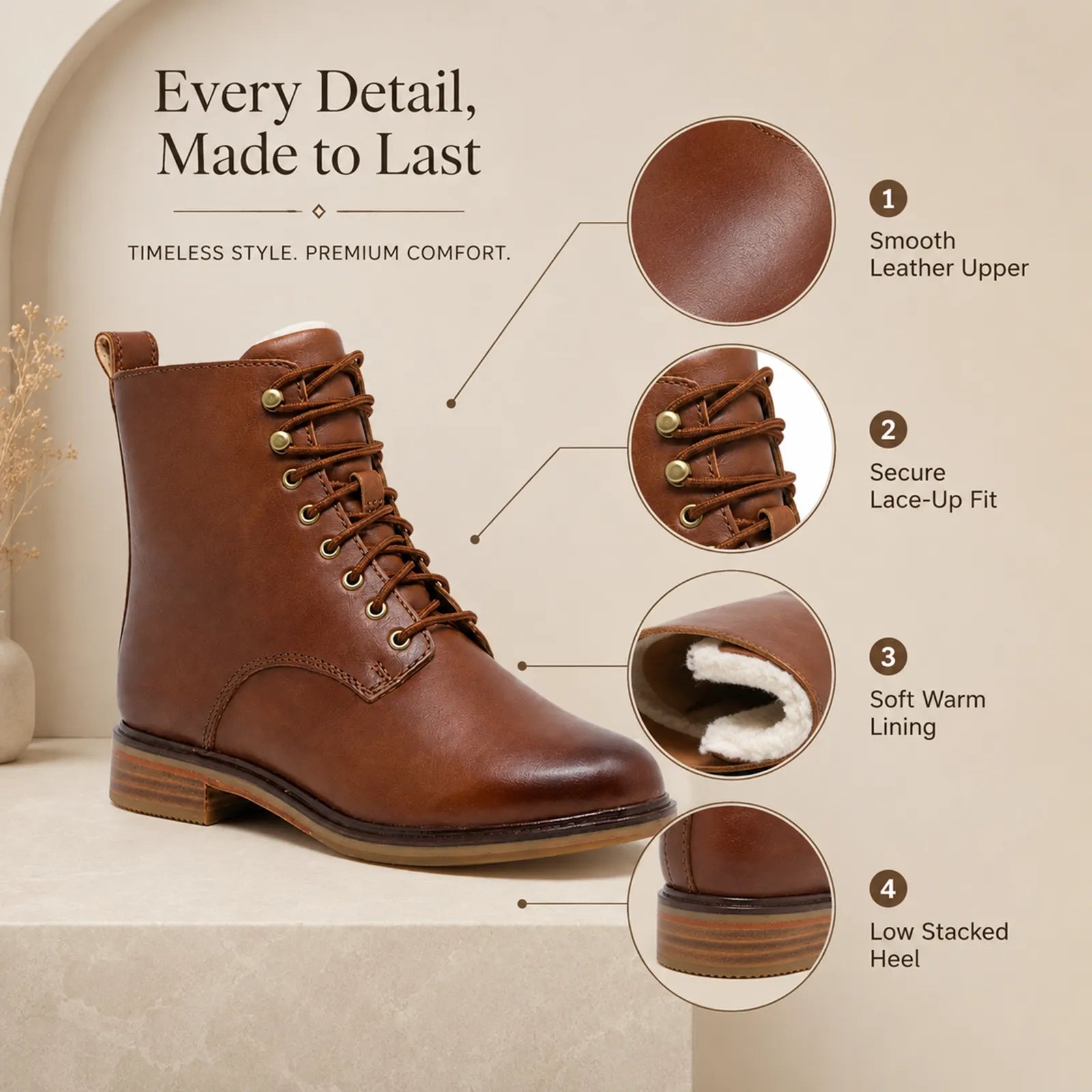 Dark brown leather lace-up ankle boots with low stacked heel and padded lining