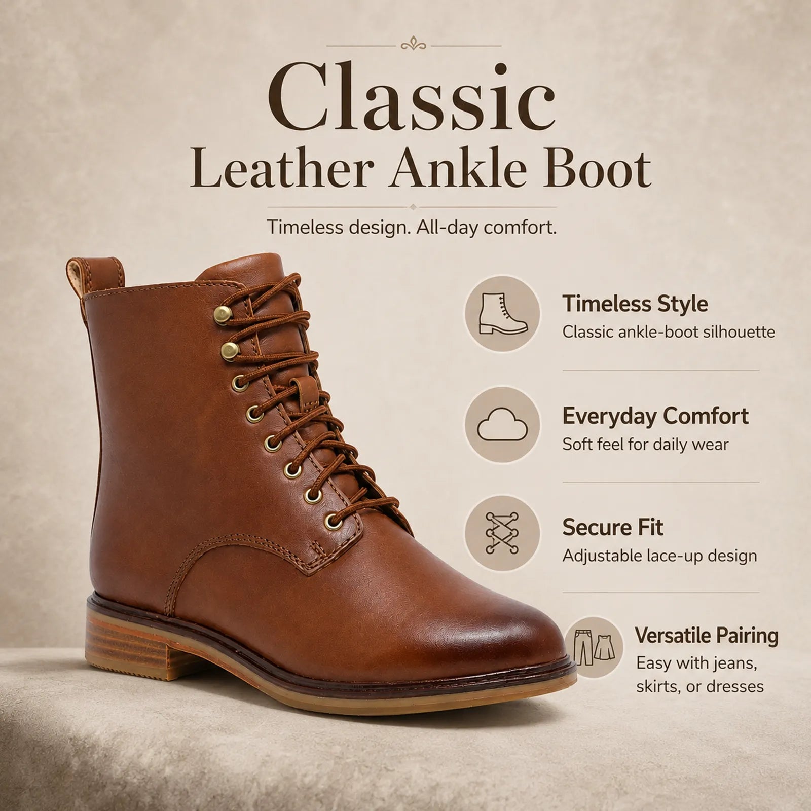 Dark brown leather lace-up ankle boots with eyelets and low stacked heel