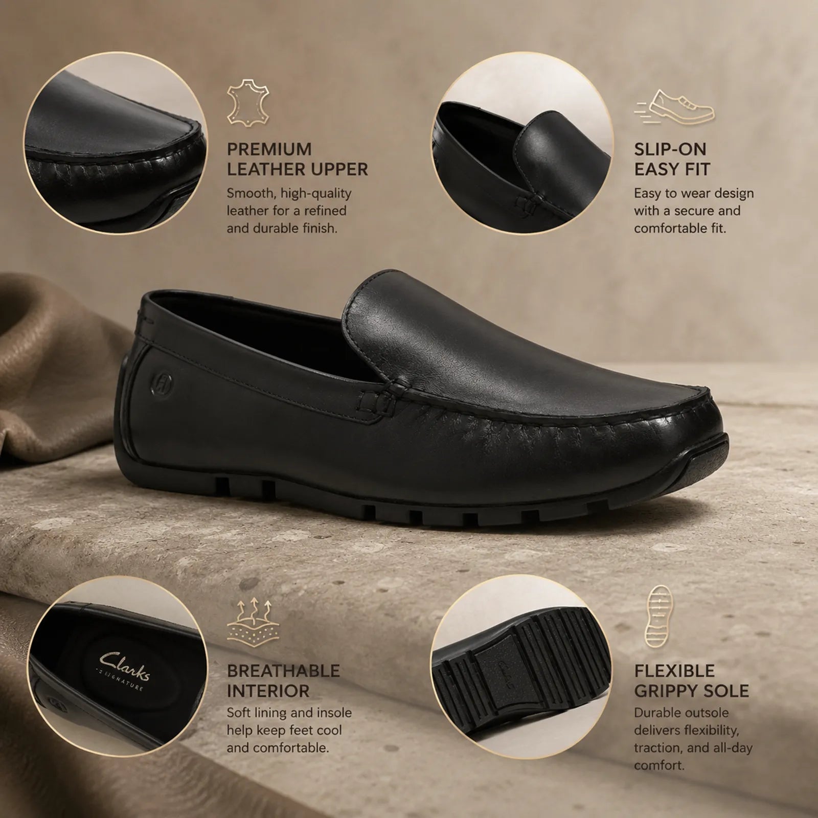 Close-up detail of Clarks Corsley Plain black leather upper with slip-on loafer construction