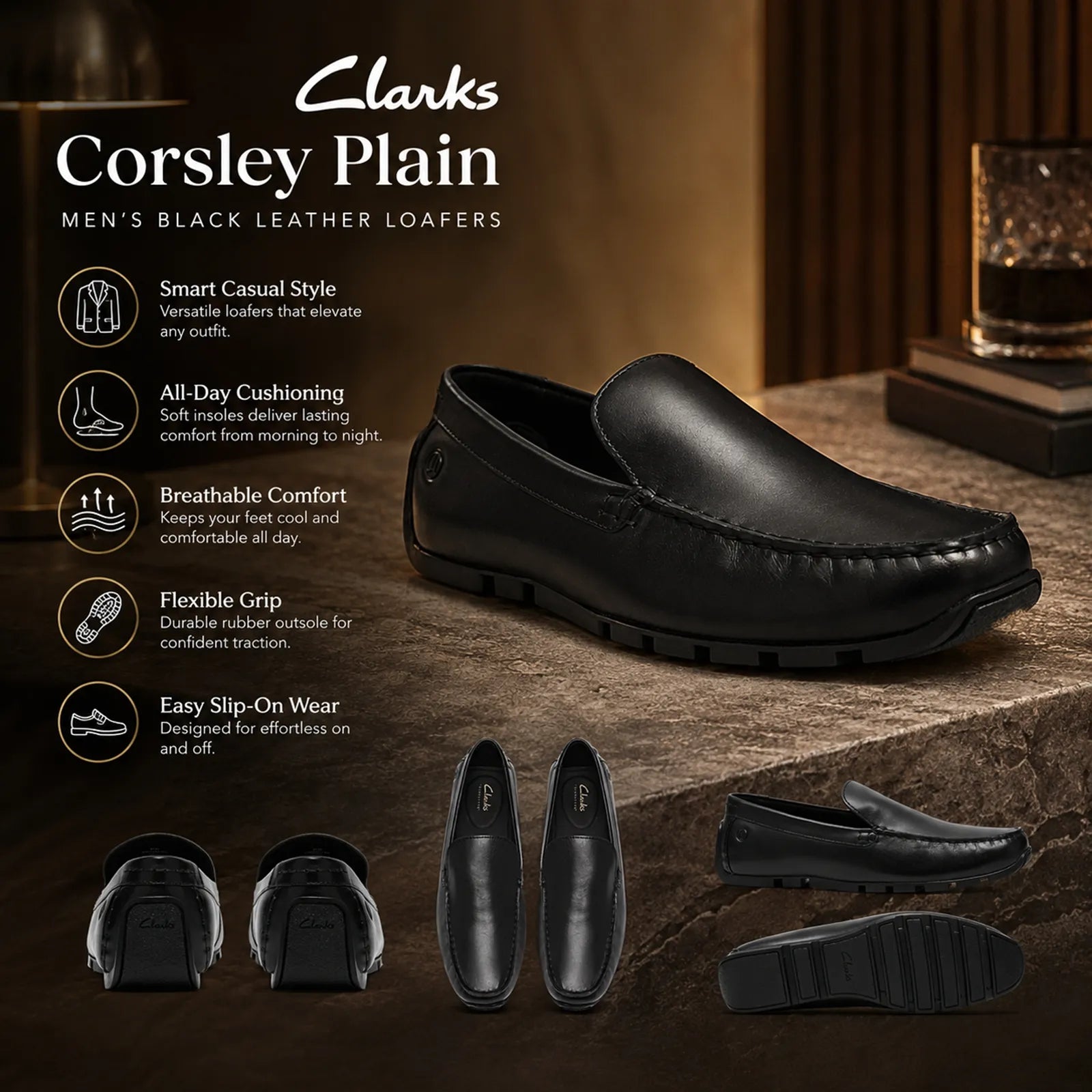Clarks Corsley Plain loafers featuring lightweight EVA foam comfort footbed and cushioned support