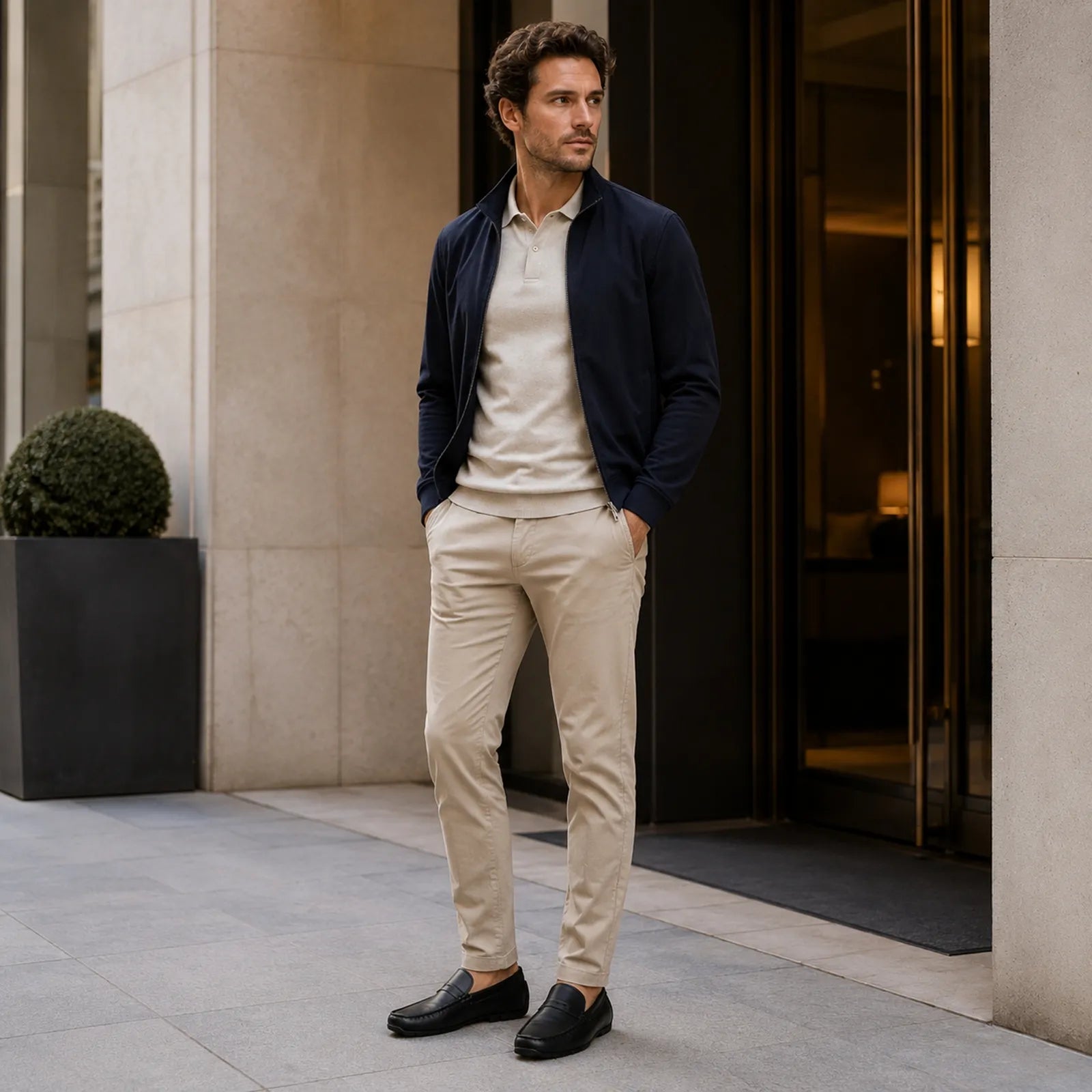 Man wearing Clarks Corsley Plain black leather loafers with smart casual outfit for everyday use