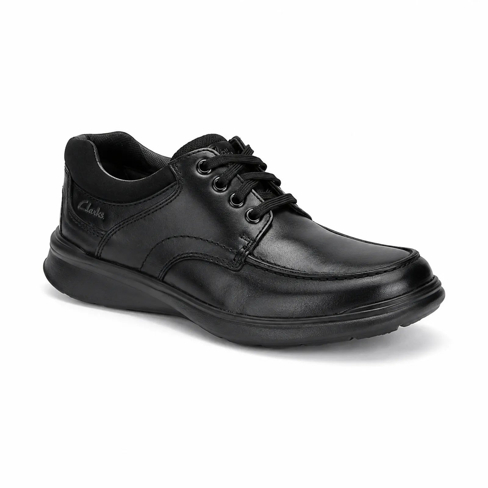 Men’s black leather lace-up business shoe with rounded toe and cushioned sole