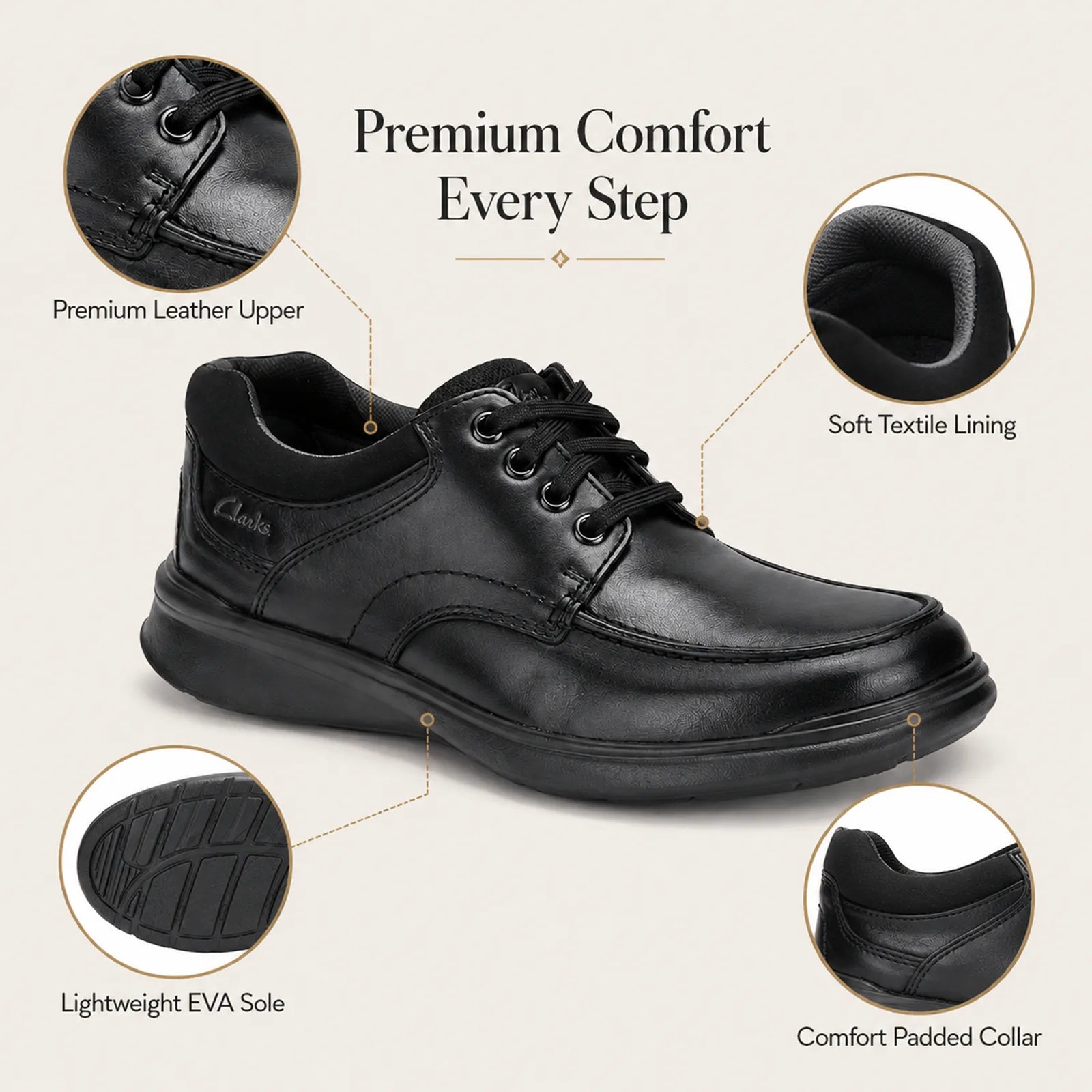 Men’s black leather lace-up business shoe with padded collar and comfort sole