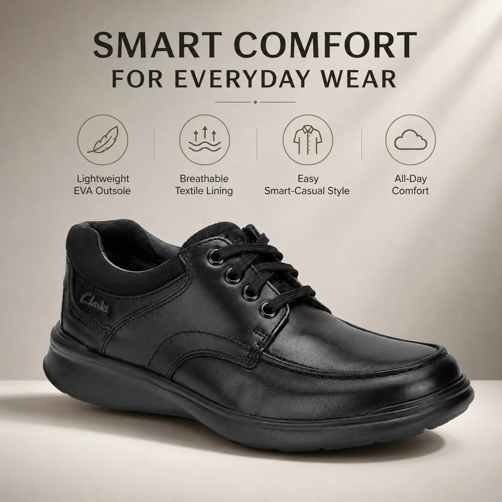 Men’s black leather lace-up business shoe with cushioned collar and comfort sole