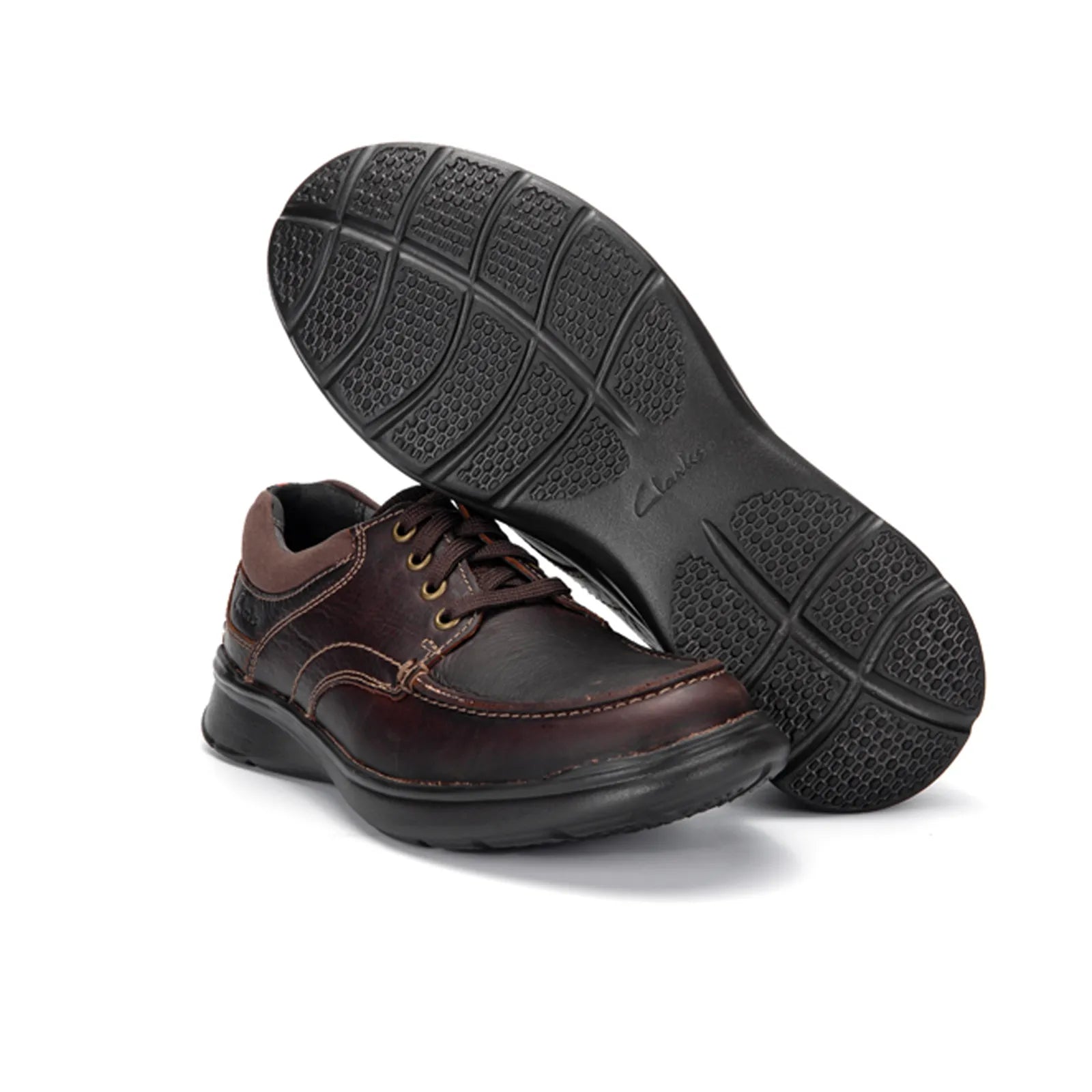 Men’s dark brown leather lace-up business shoe with textured outsole, side view