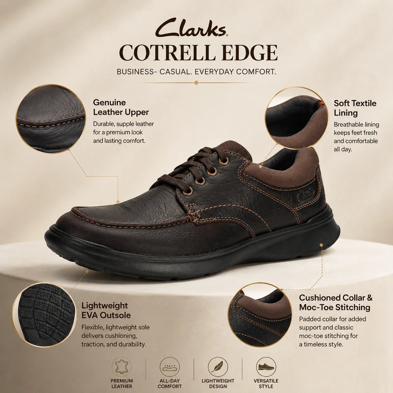 Men's dark brown leather business shoe, lace-up with cushioned collar and stitching.