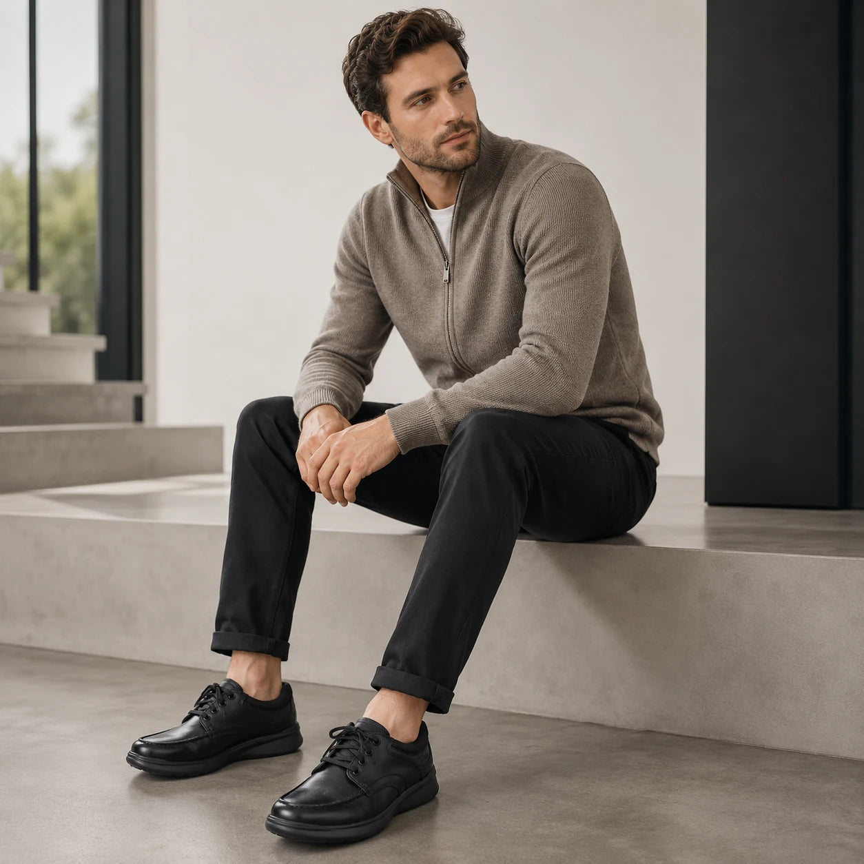 Men's black leather lace-up business shoes with smooth uppers and rubber outsole