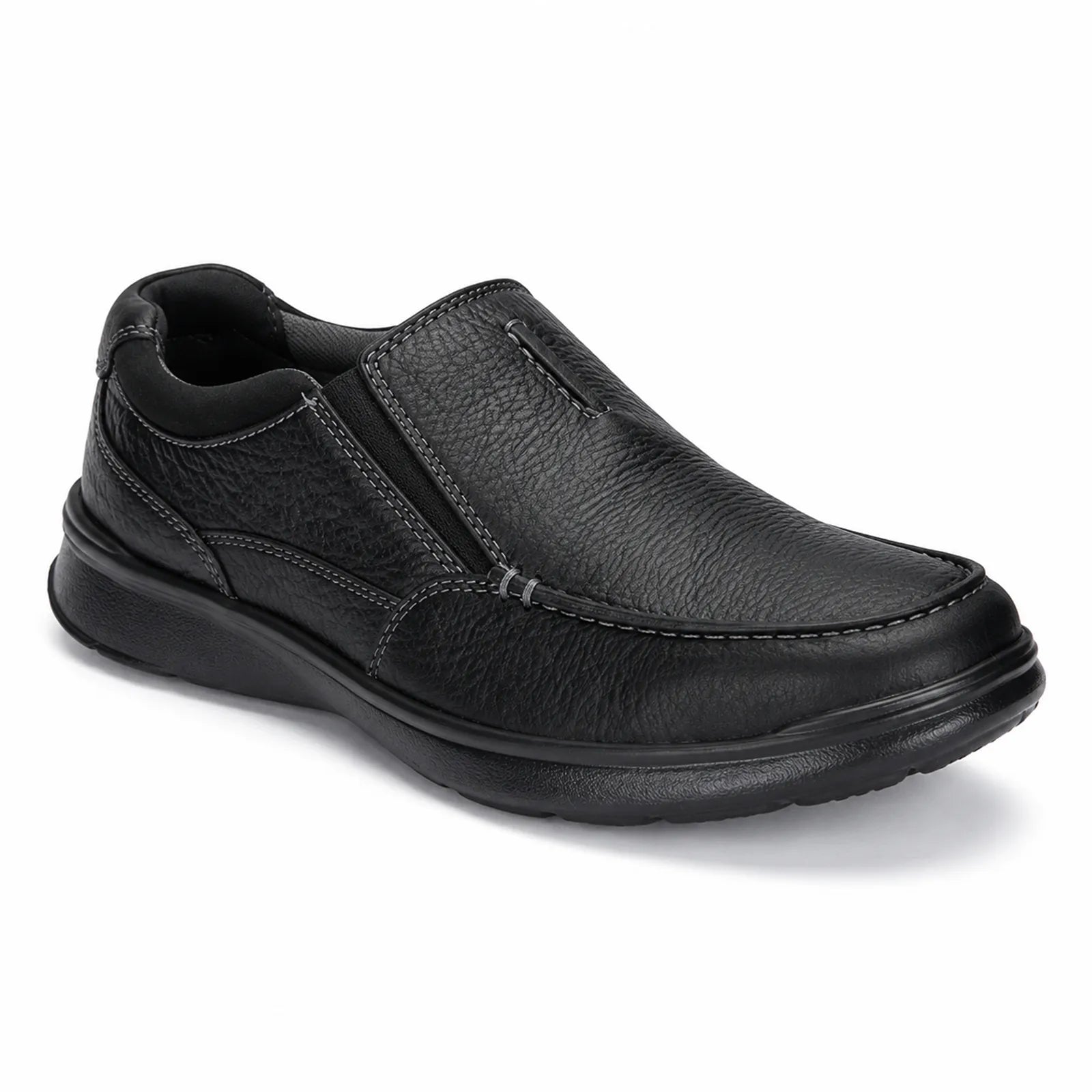 Men's black leather slip-on business shoes with stitched apron and cushioned sole