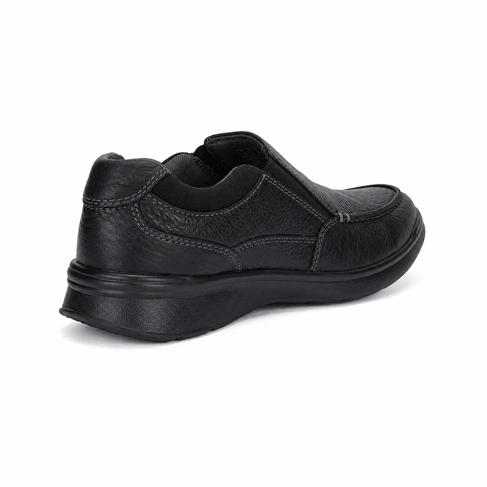 Men's black leather slip-on shoe, rear view with cushioned collar and thick sole