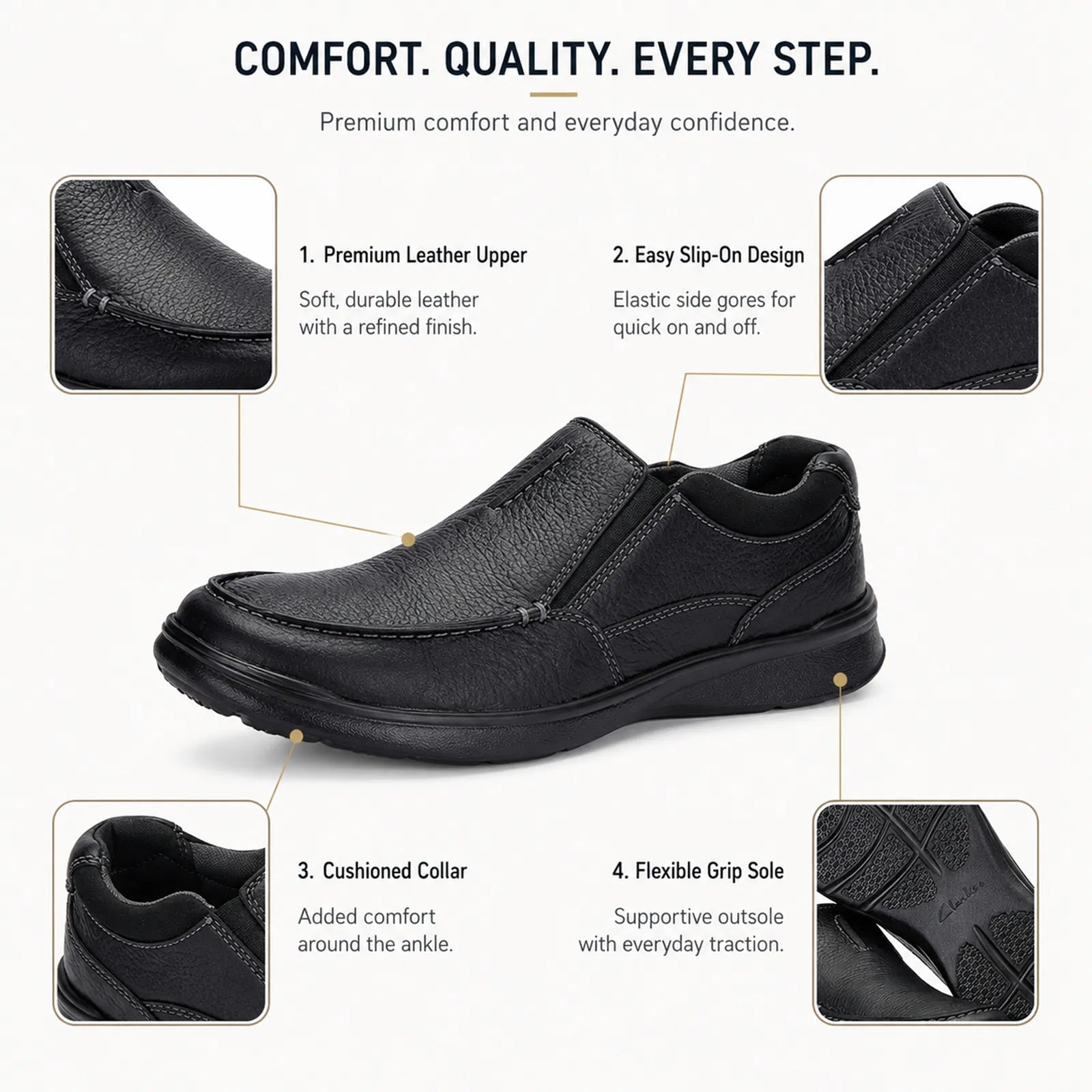 Men's black leather slip-on business shoe with side goring and thick rubber sole