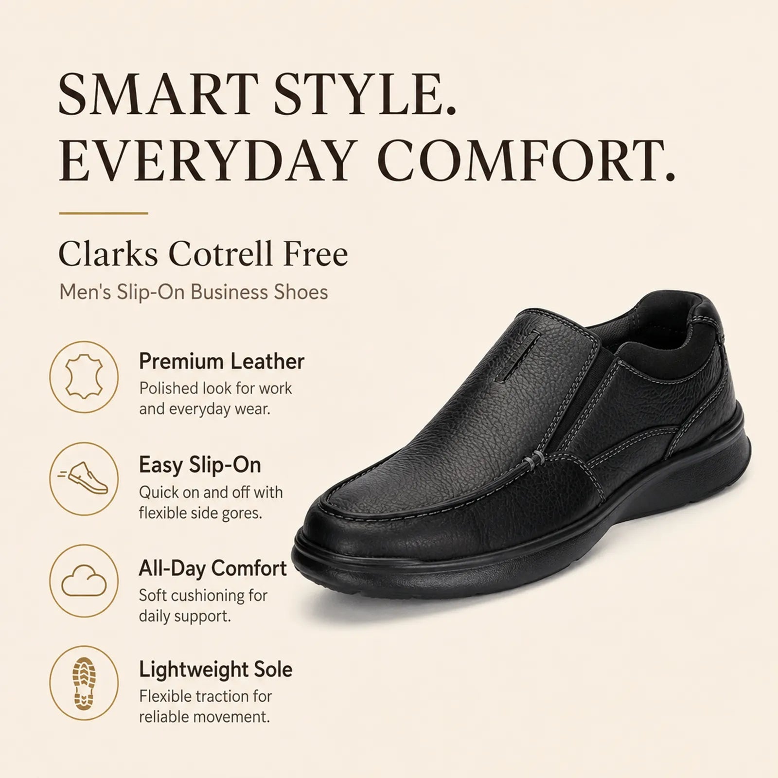 Men's black leather slip-on business shoe with slip-on design and cushioned collar