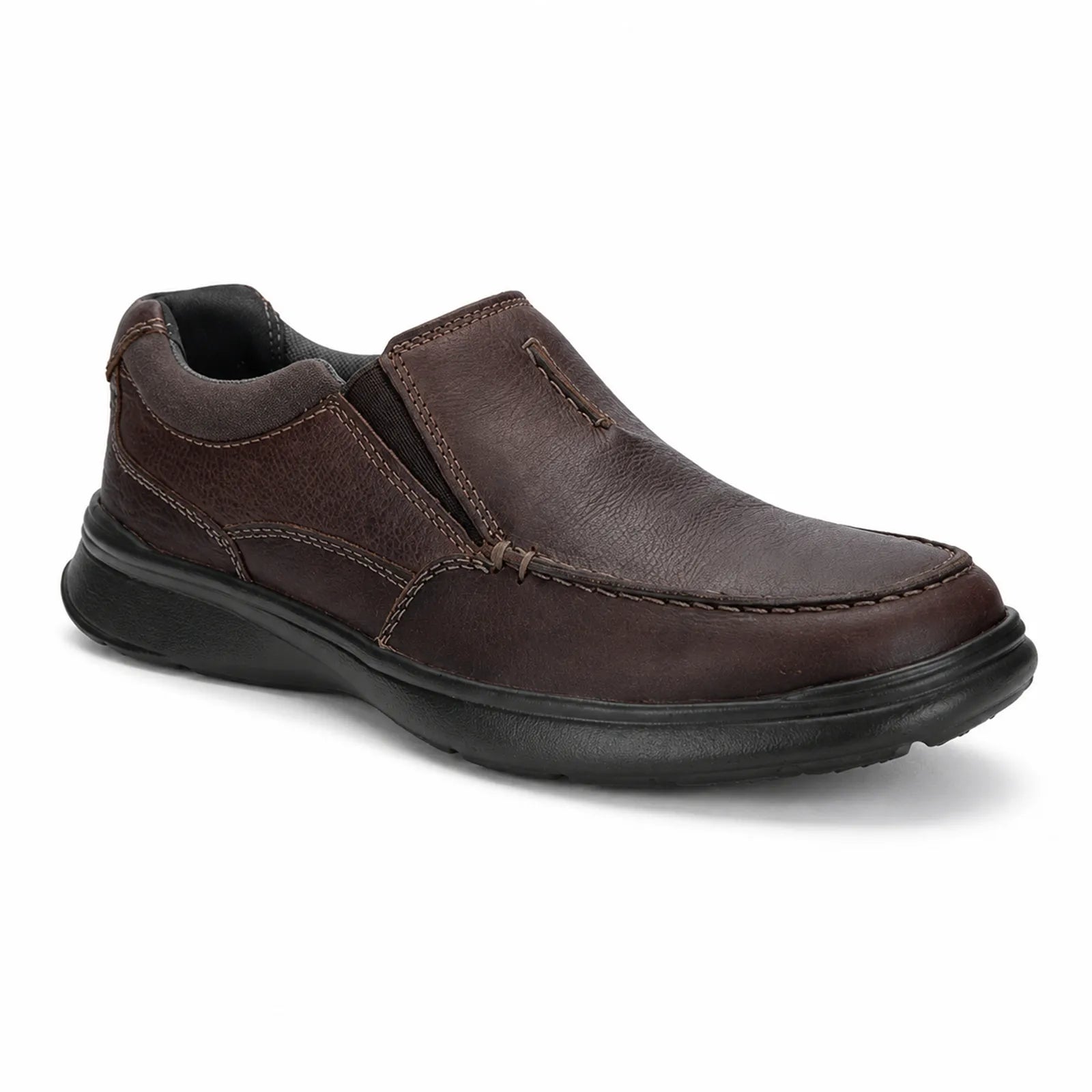 Men's brown leather slip-on business shoe with side goring and stitched trim