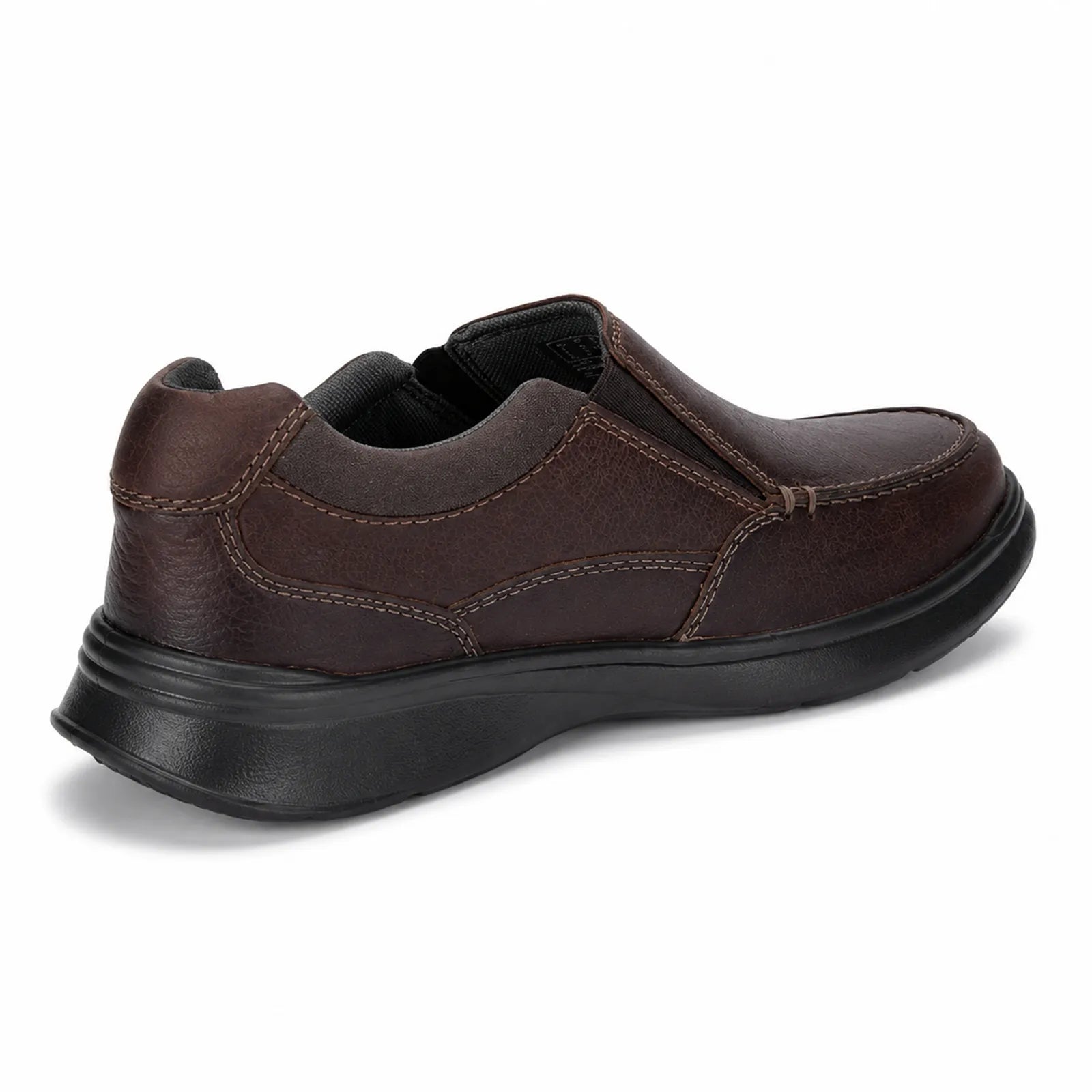 Men's brown leather slip-on shoe rear 3/4 view with stitched seams and thick sole