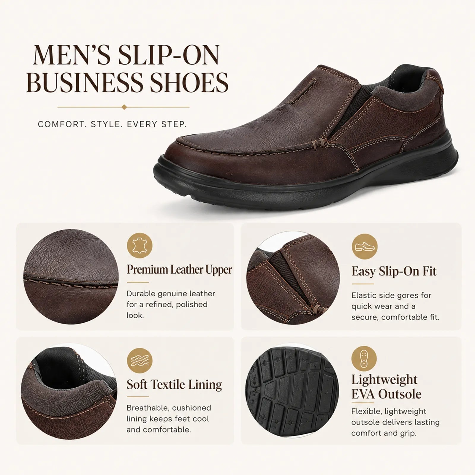 Men's brown leather slip-on business shoes, side view with elastic gore panels