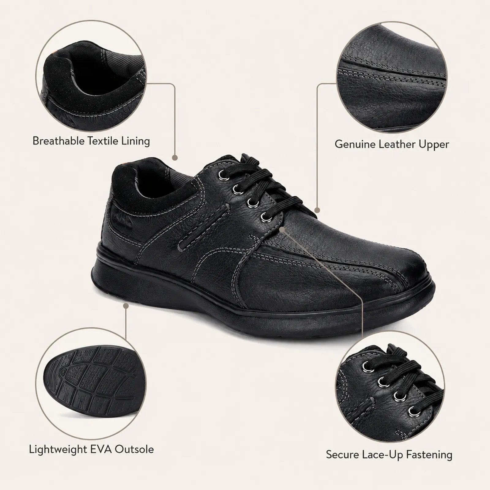 Men's black leather lace-up business walking shoes with EVA outsole tread detail