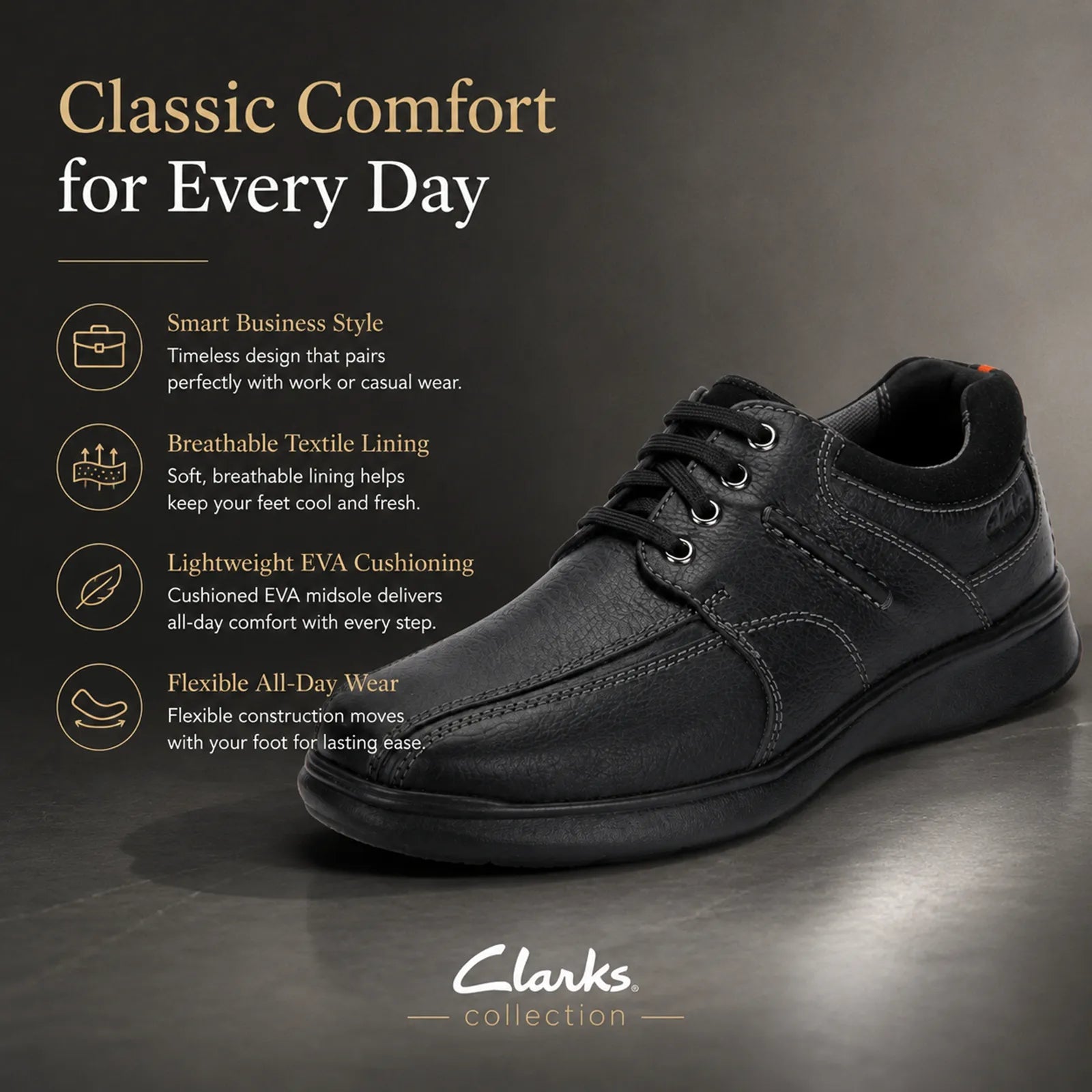 Men's black leather lace-up business walking shoes with cushioned midsole