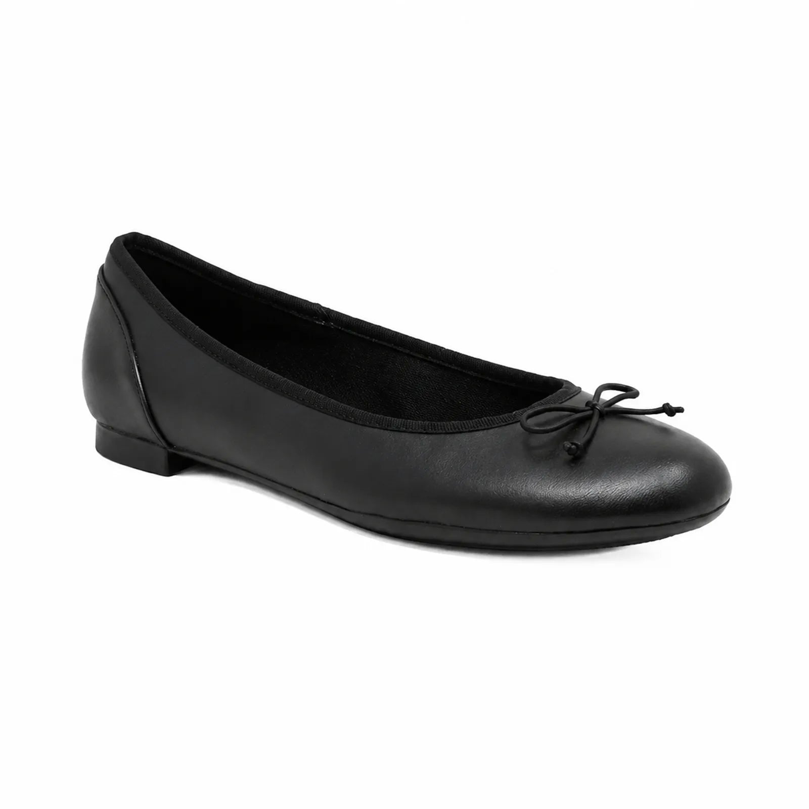 Black leather ballet flats with bow tie detail and low heel