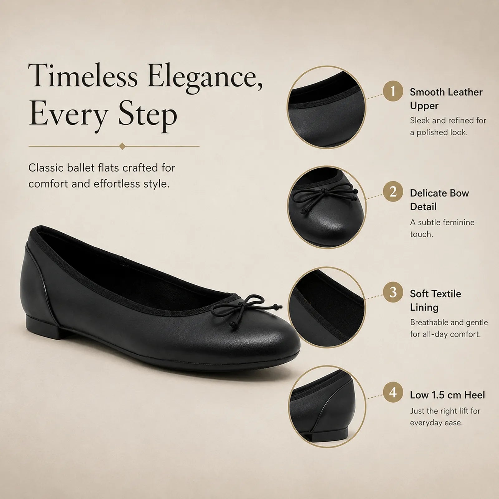 Black leather ballet flats with a small bow detail at the toe