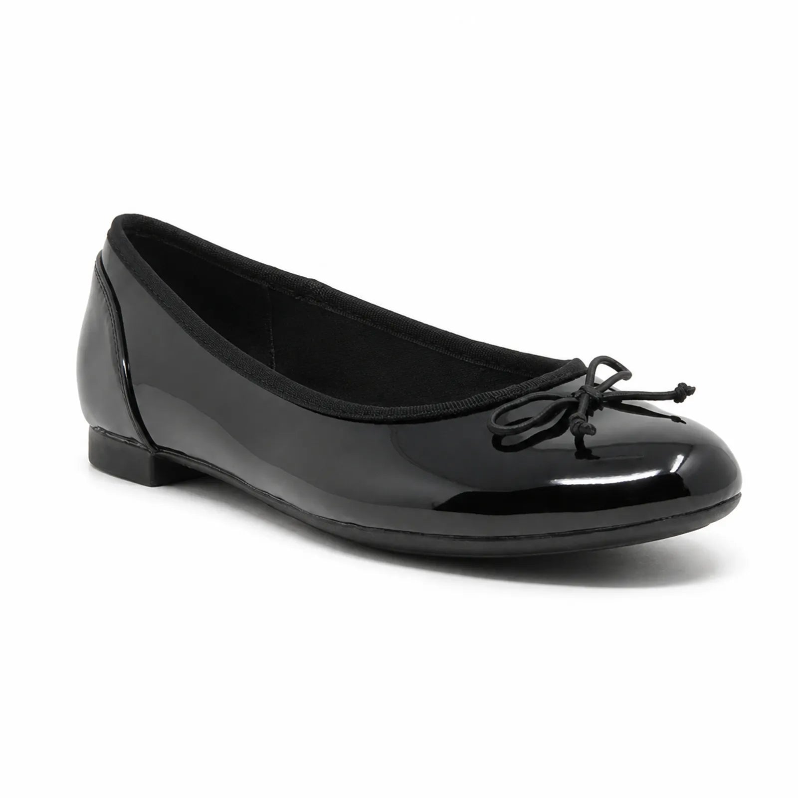 Black patent leather ballet flats with bow tie detail and low stacked heel