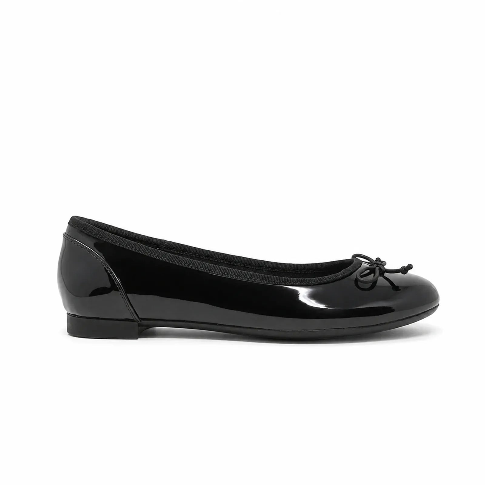 Black leather ballet flats with bow tie and low block heel