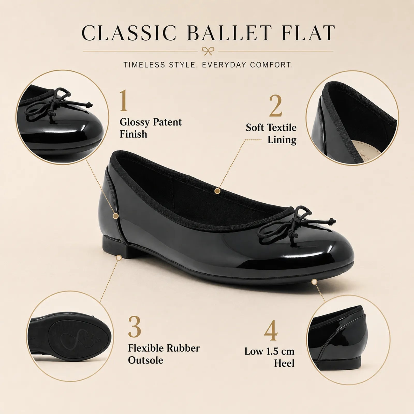 Glossy black patent ballet flats with bow tie, low heel
