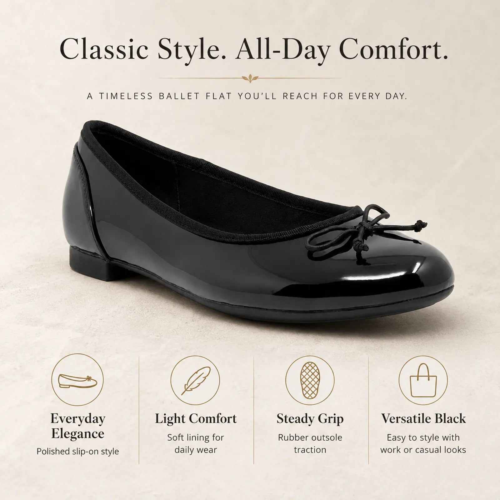Black patent ballet flats with bow tie, side view low heel