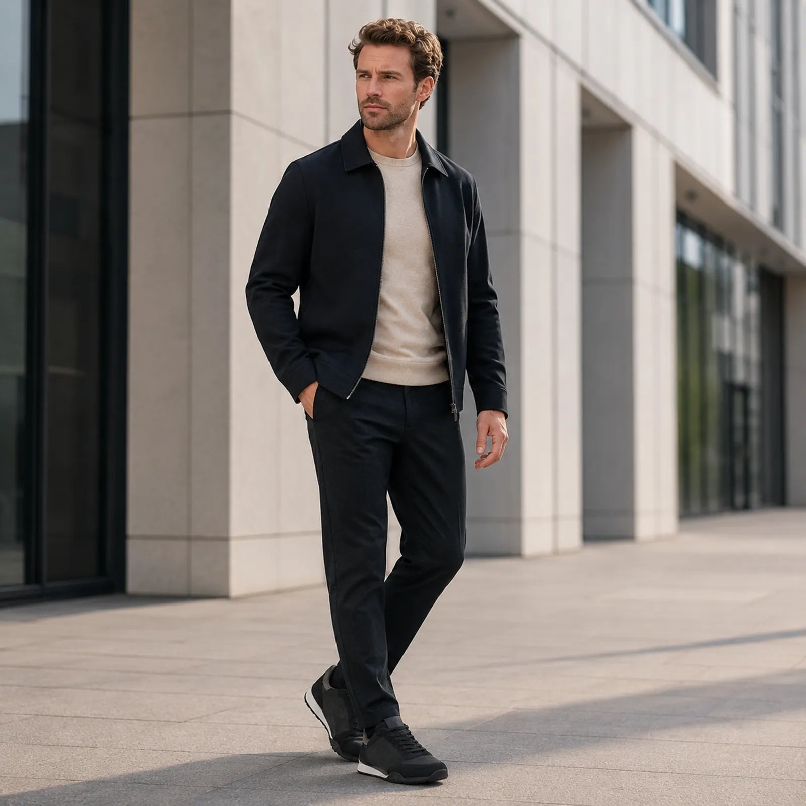Men's black lace-up sneakers on model with dark trousers, white midsole, grippy outsole