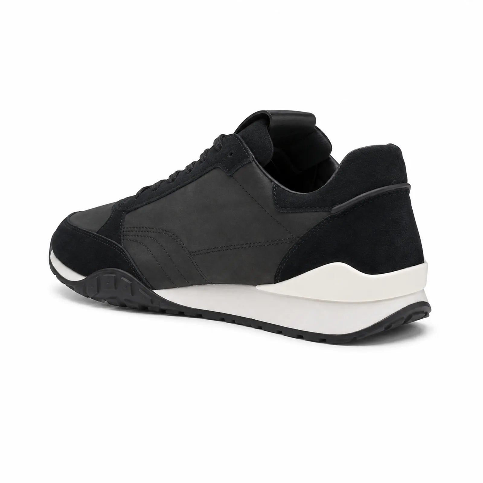Men's black lace-up sneakers, nubuck upper, white midsole, textured rubber outsole