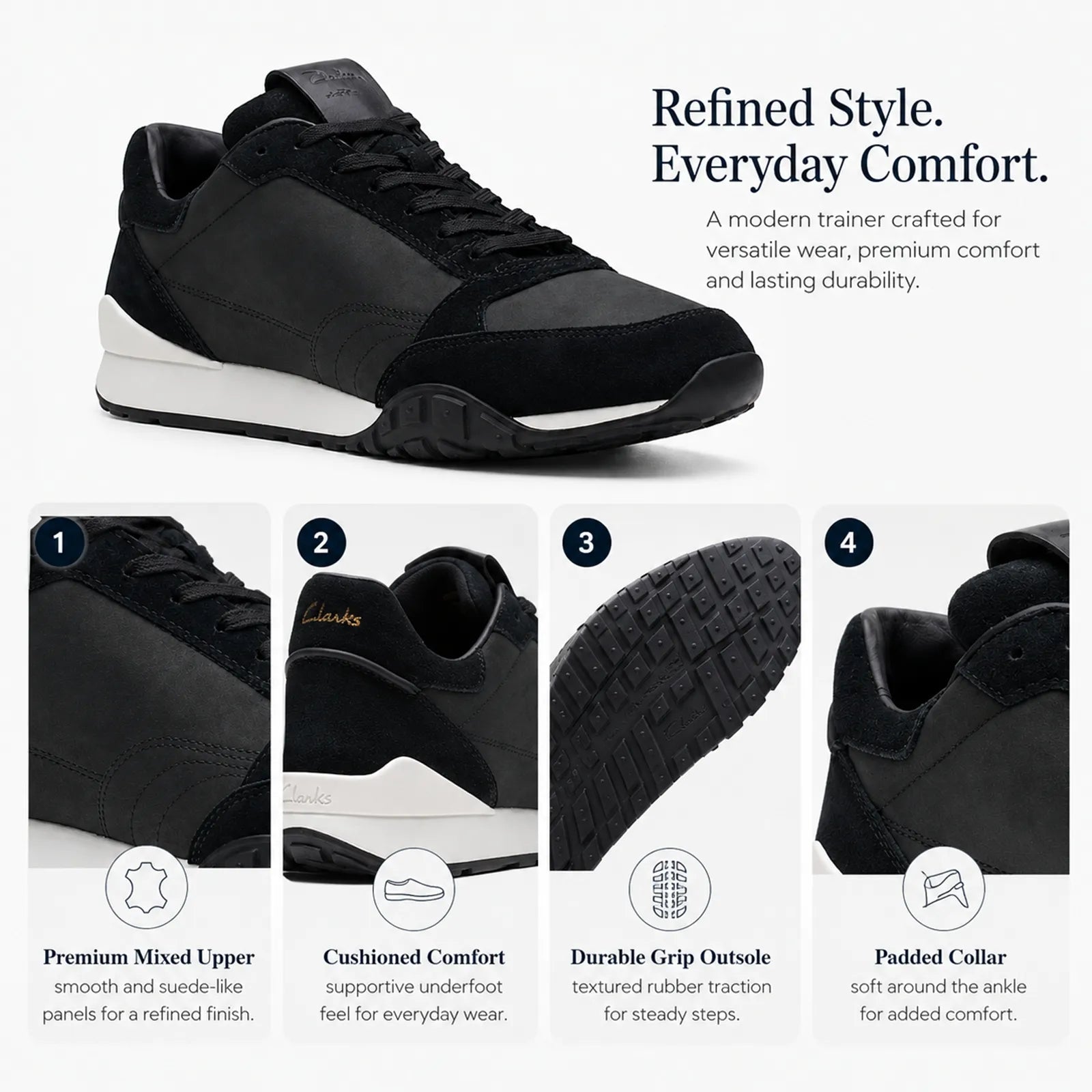 Men's black lace-up sneakers with nubuck upper, white midsole, black rubber outsole tread