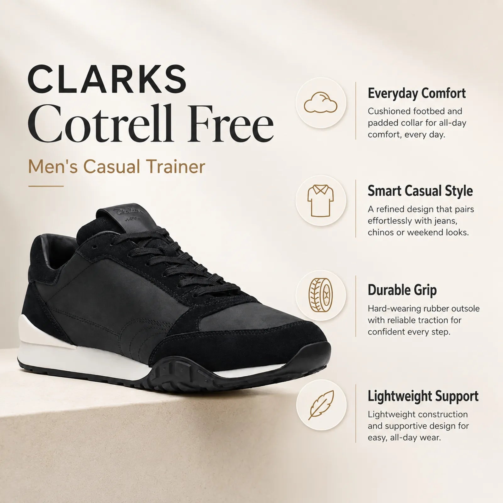 Men's black lace-up sneakers with nubuck upper, white midsole and grippy rubber outsole