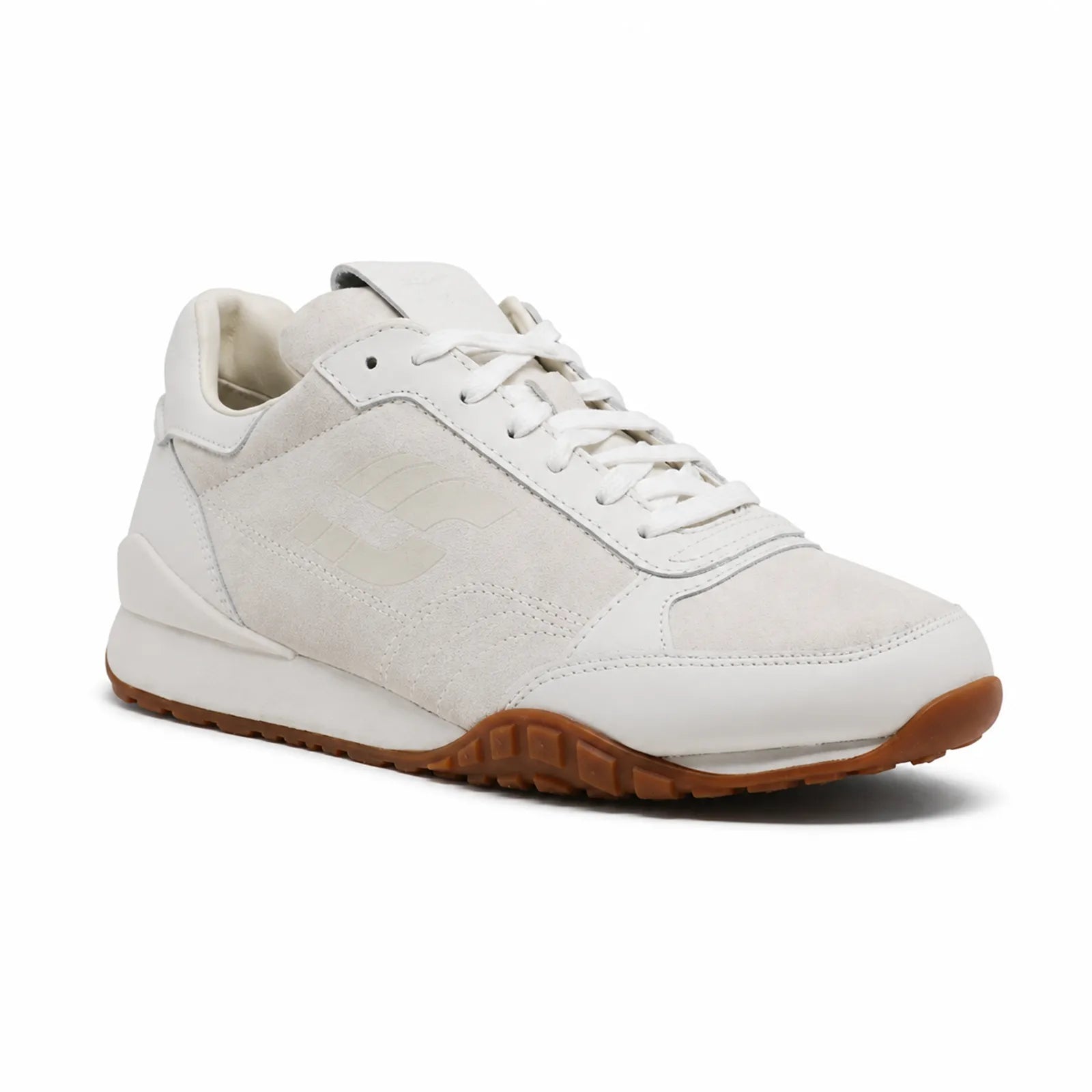 Men's white lace-up sneakers with suede-look upper, gum-brown outsole, cushioned collar