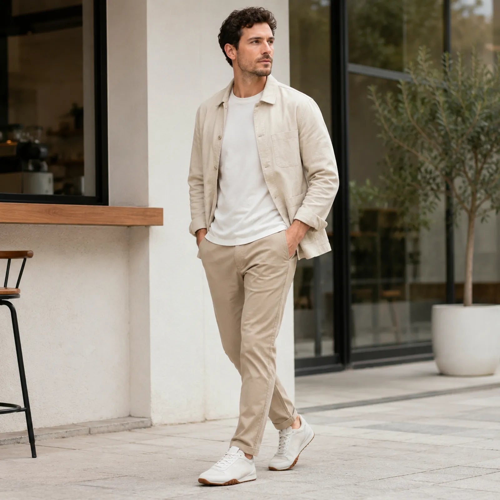 Men's white lace-up sneakers worn with light trousers, gum-brown outsole, cushioned collar