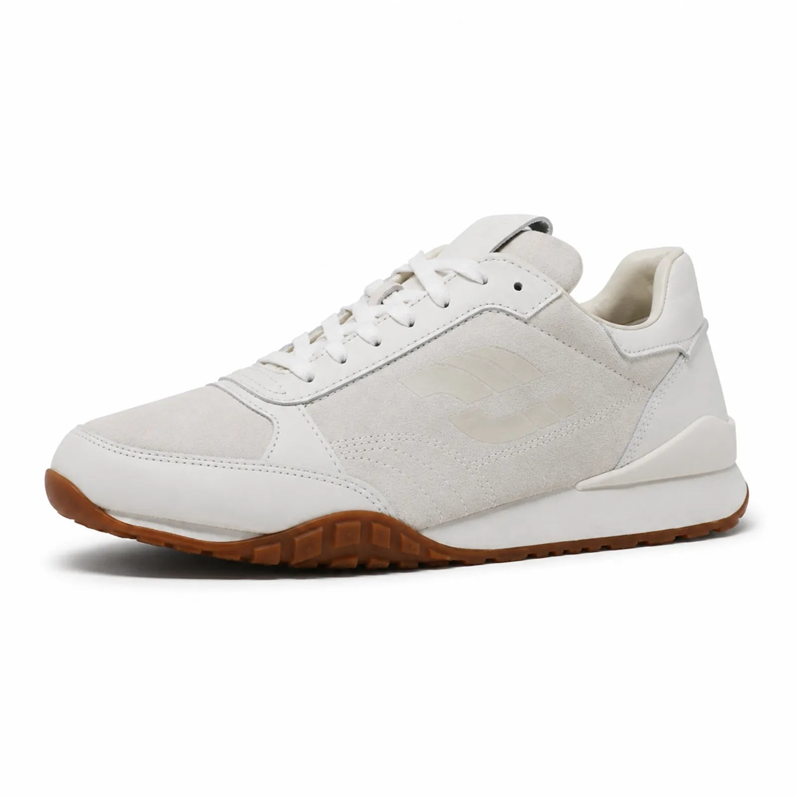 Men's white lace-up sneakers with textured upper, gum-brown outsole, padded collar