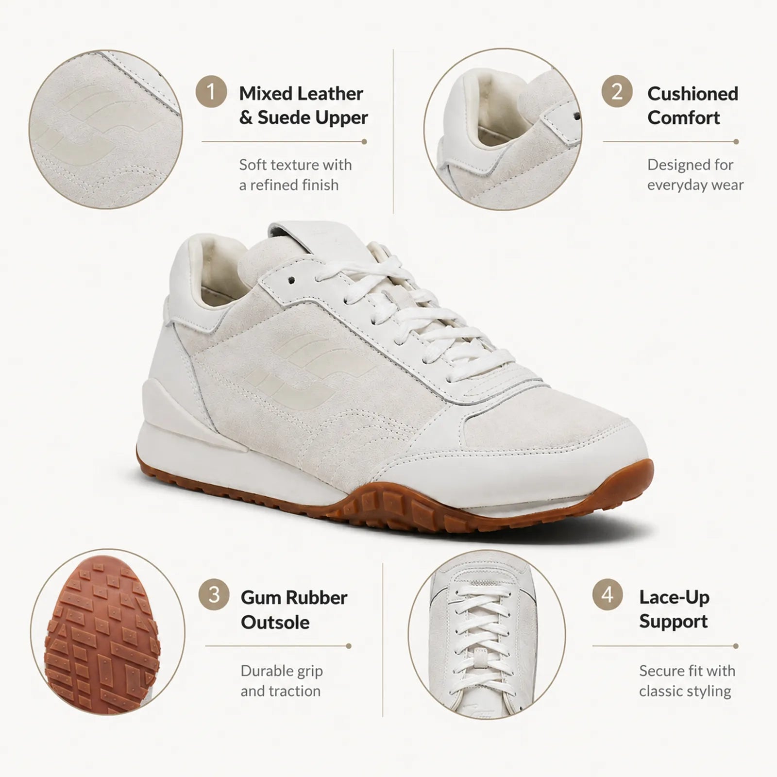 Men's lace-up sneakers, cream suede upper with white laces and brown rubber outsole