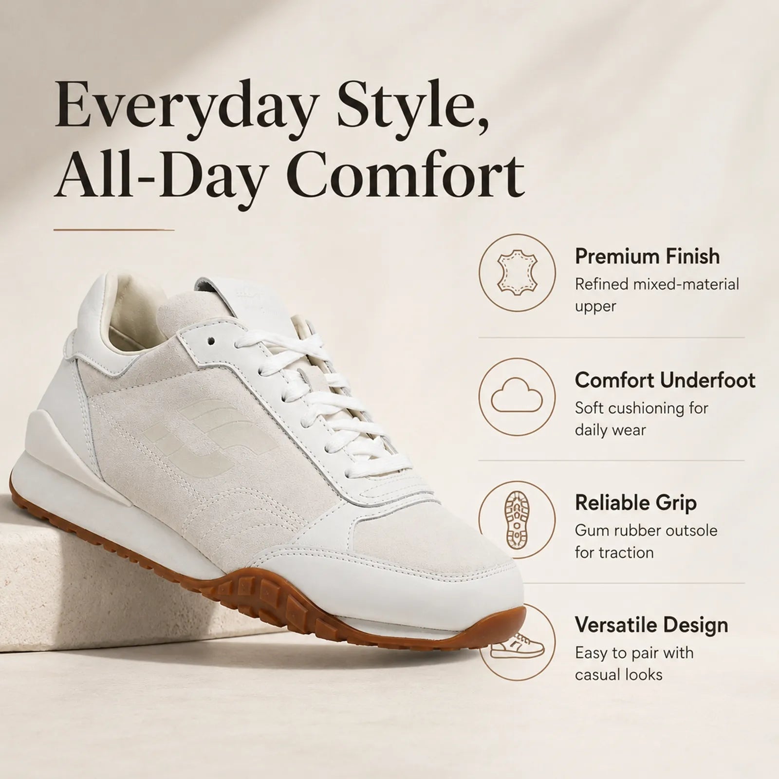 Men's lace-up sneakers in cream suede with white laces and brown rubber outsole