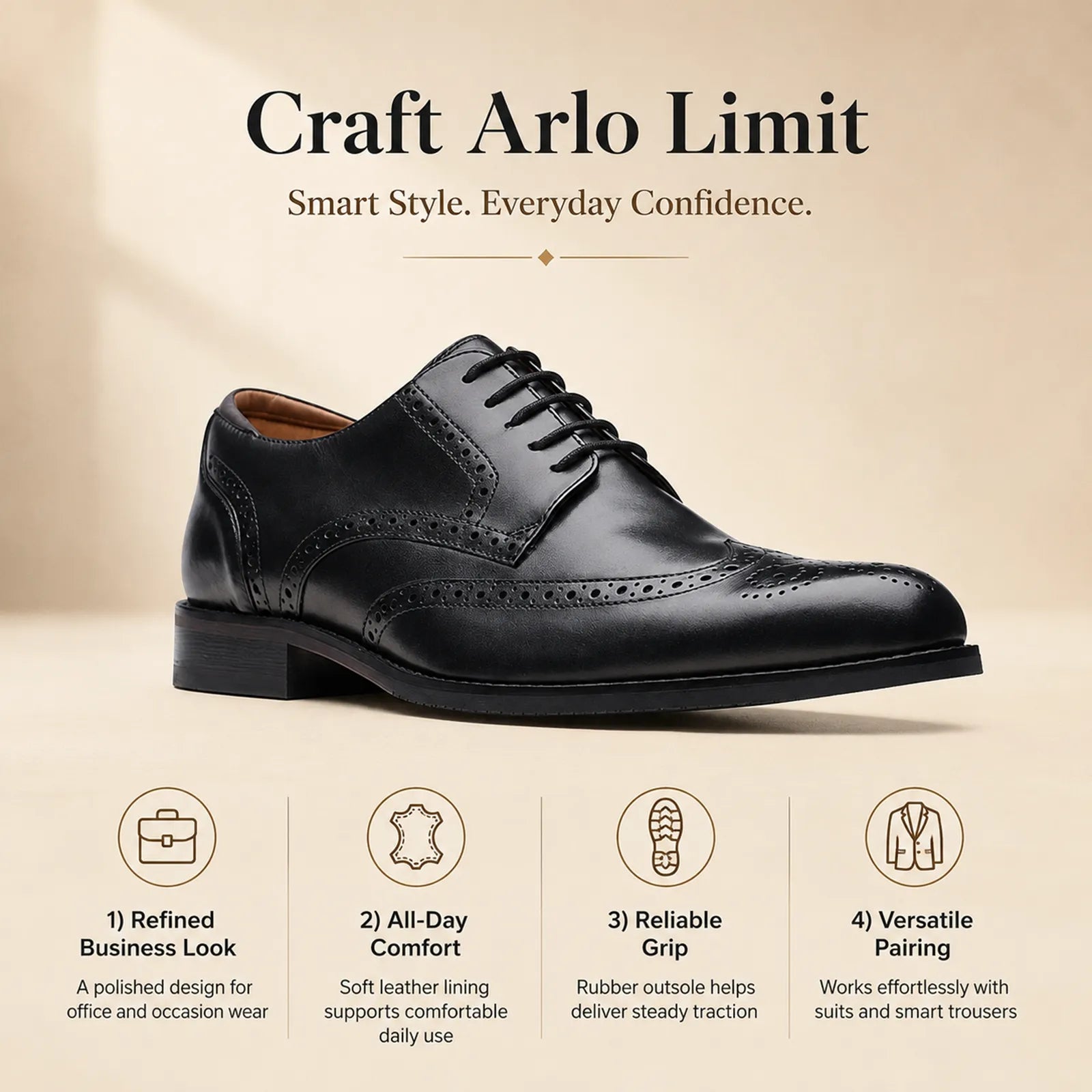 Men's black leather business shoe with lace-up front and brogue wingtip pattern.