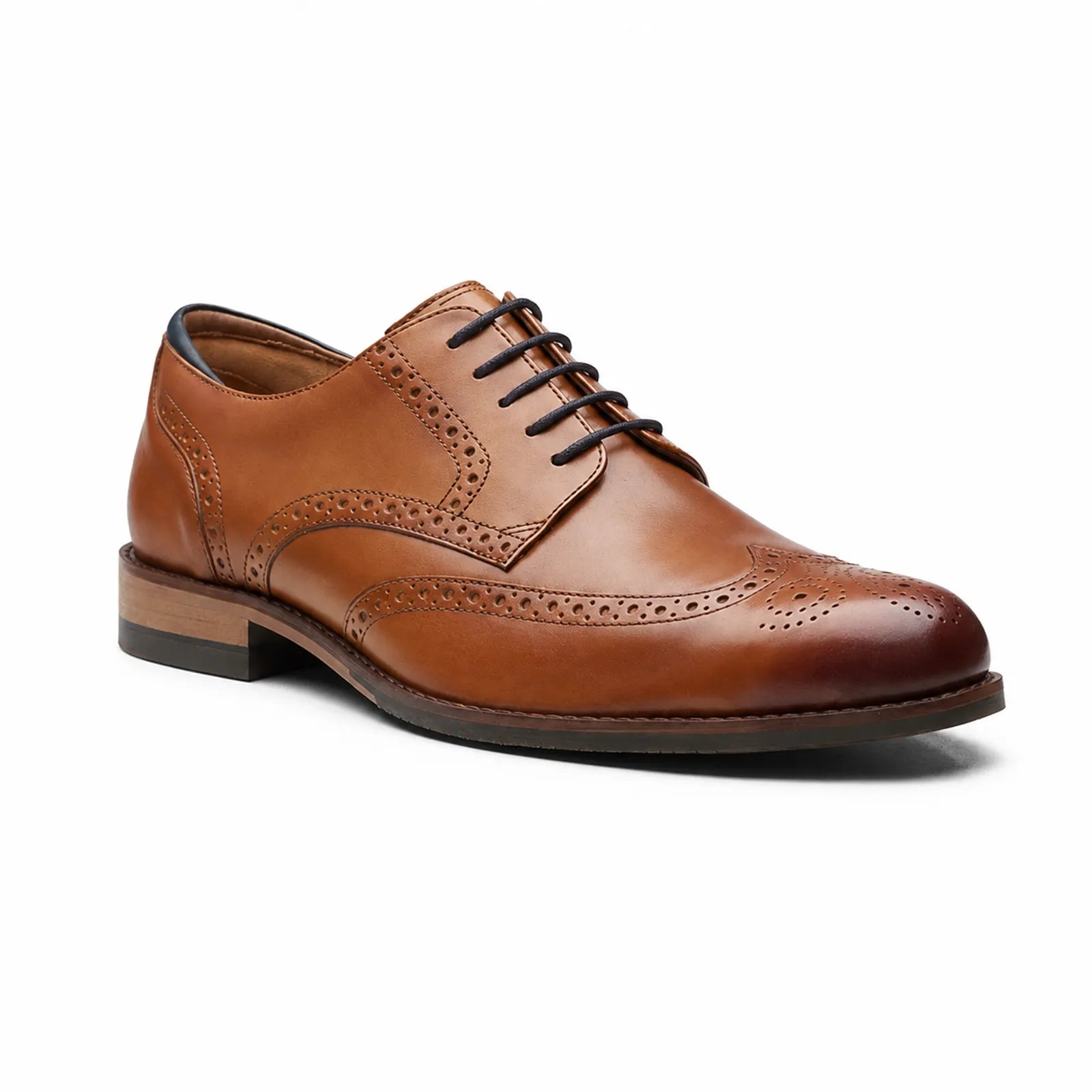 Men's brown leather business shoe with cap-toe brogue detailing and lace-up closure.