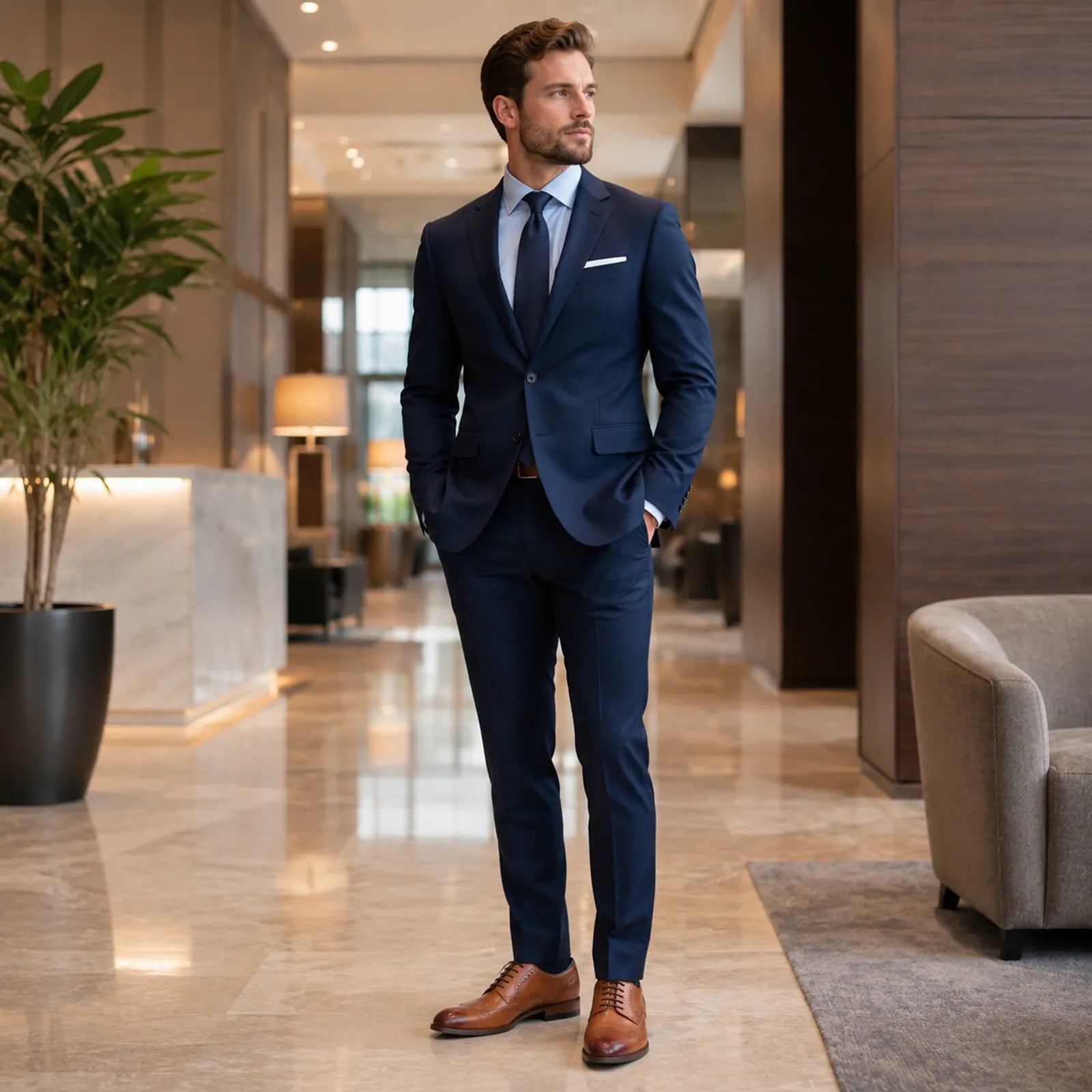 Men's brown leather dress shoe with lace-up front worn with blue suit trousers and socks.