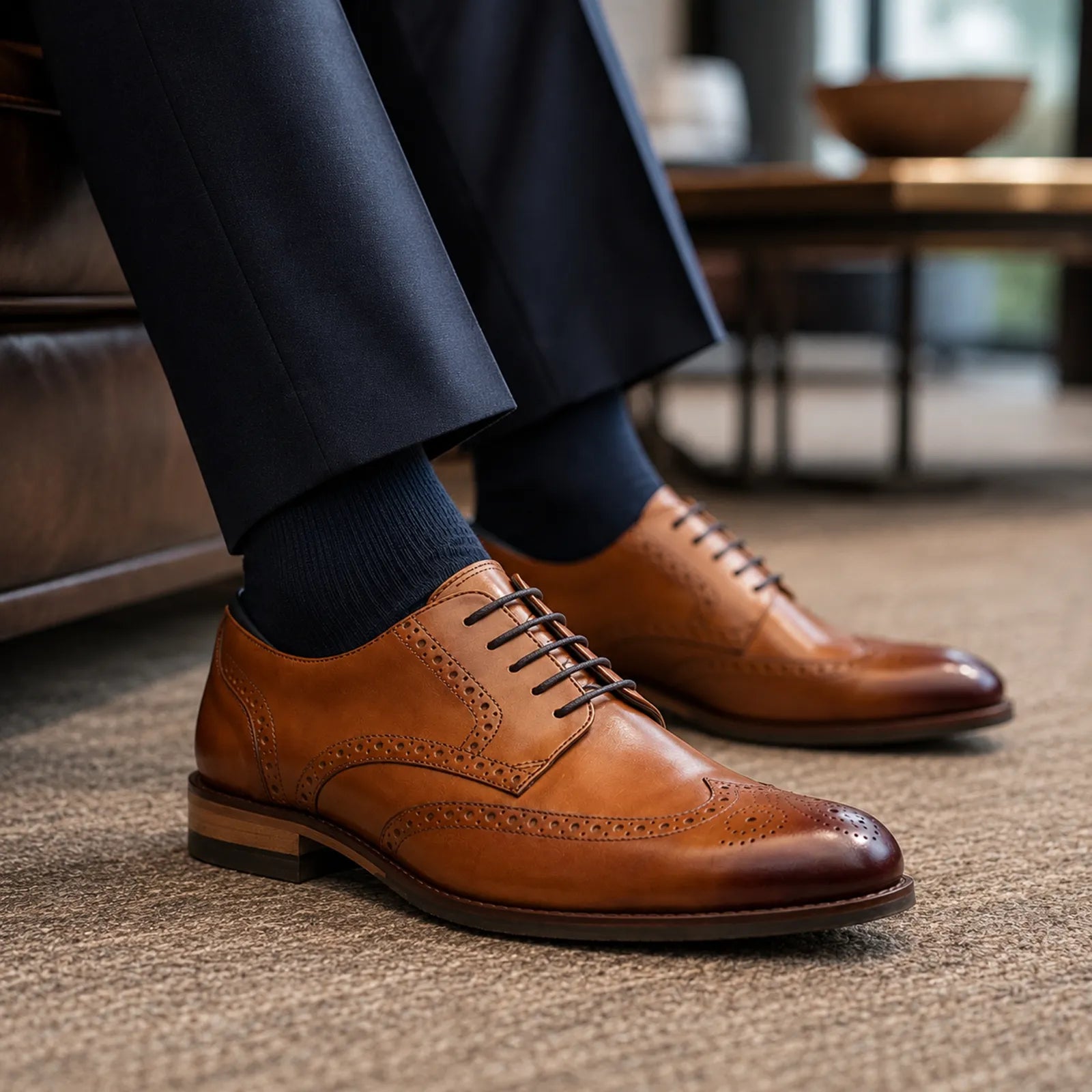 Men's brown leather lace-up shoe with wingtip brogue perforations and flat leather sole.