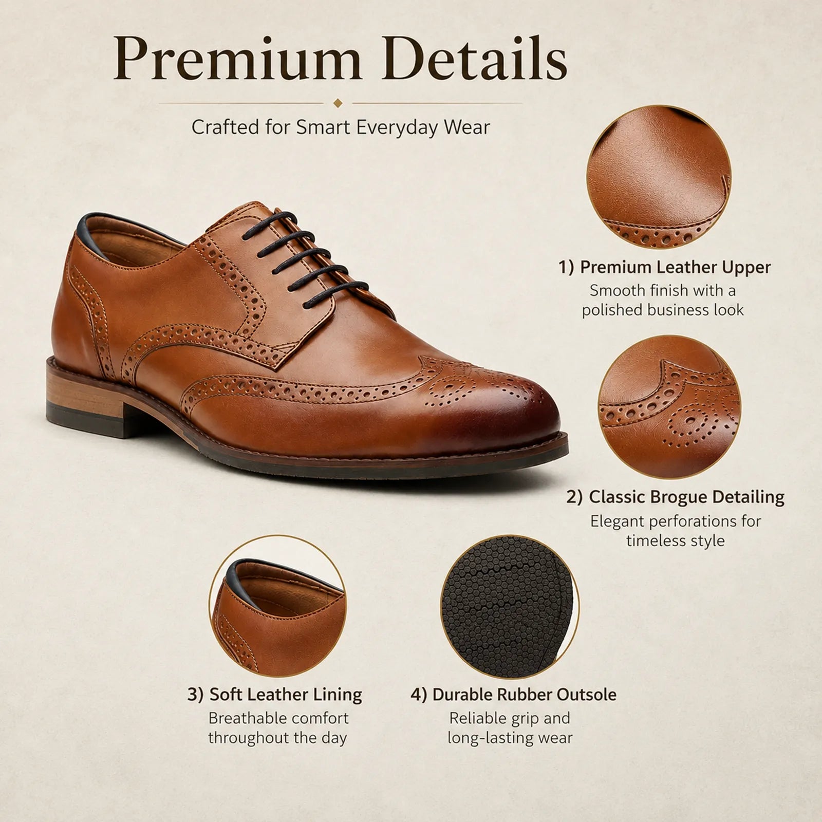 Brown leather business shoe with brogue perforations, lace-up front, and rubber sole