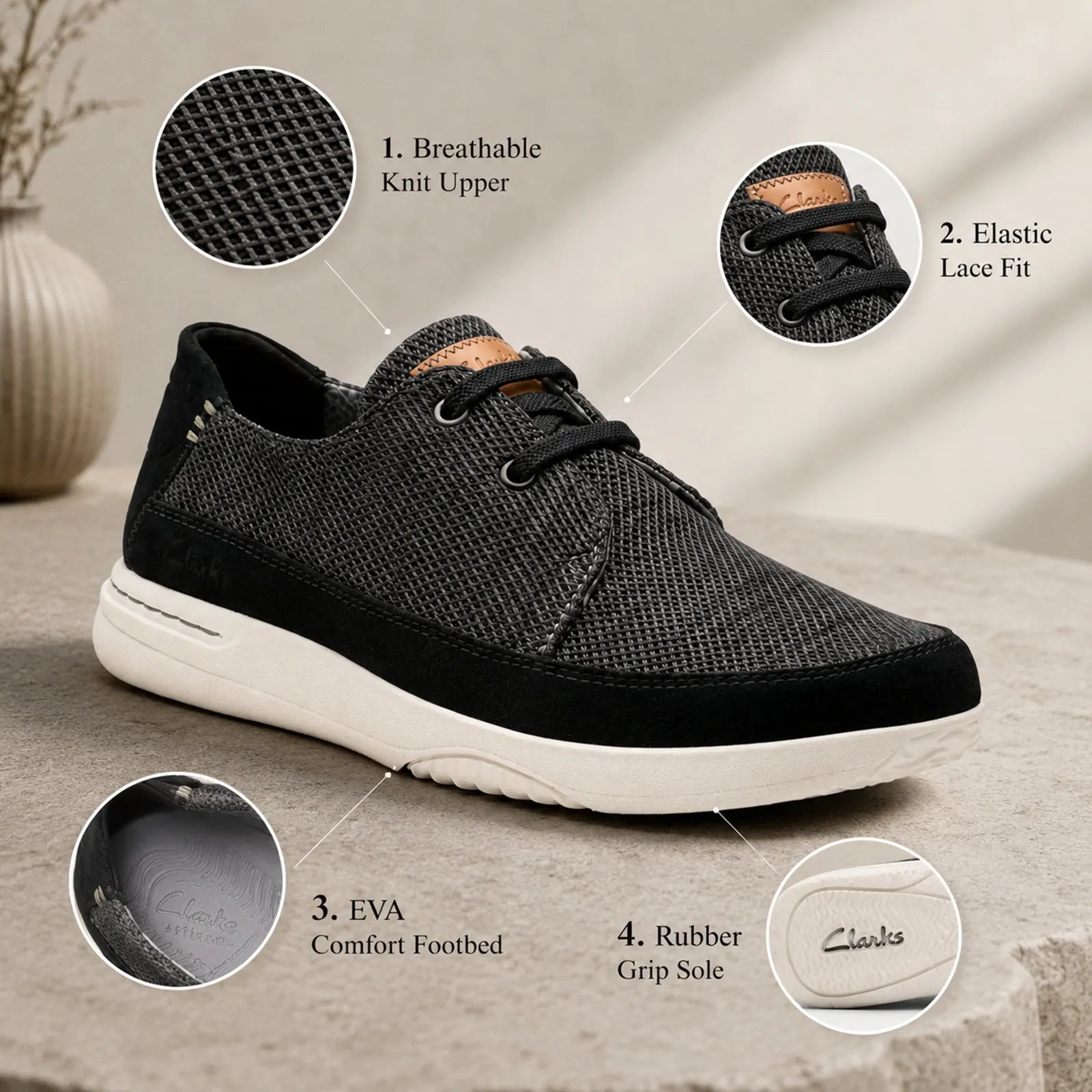 Close-up detail of Clarks Easeway Lace black combi knitted upper and elastic lace fastening
