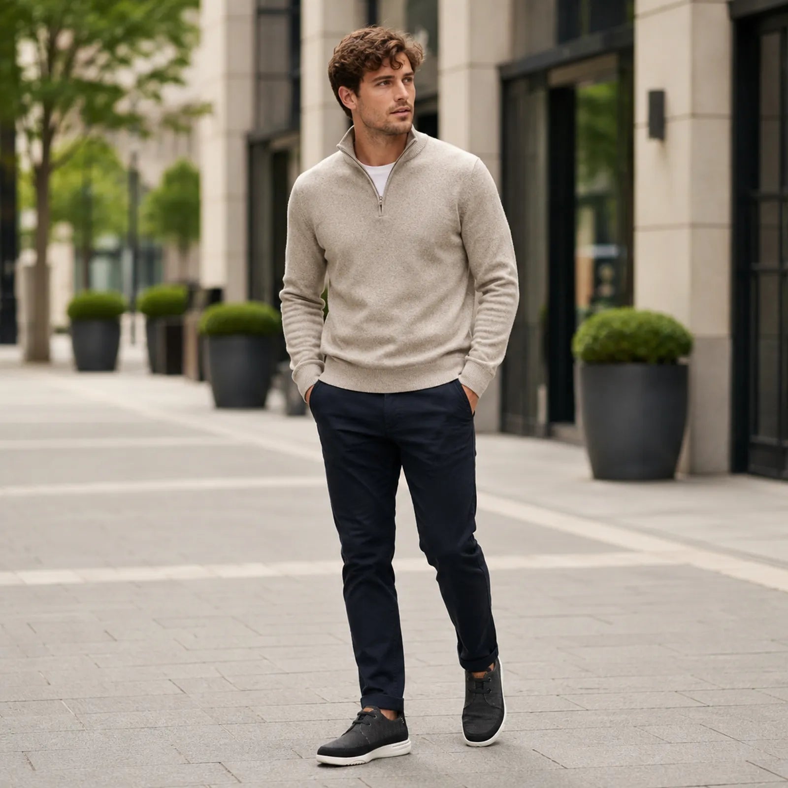 Man wearing Clarks Easeway Lace black combi sneakers for city walking and casual travel