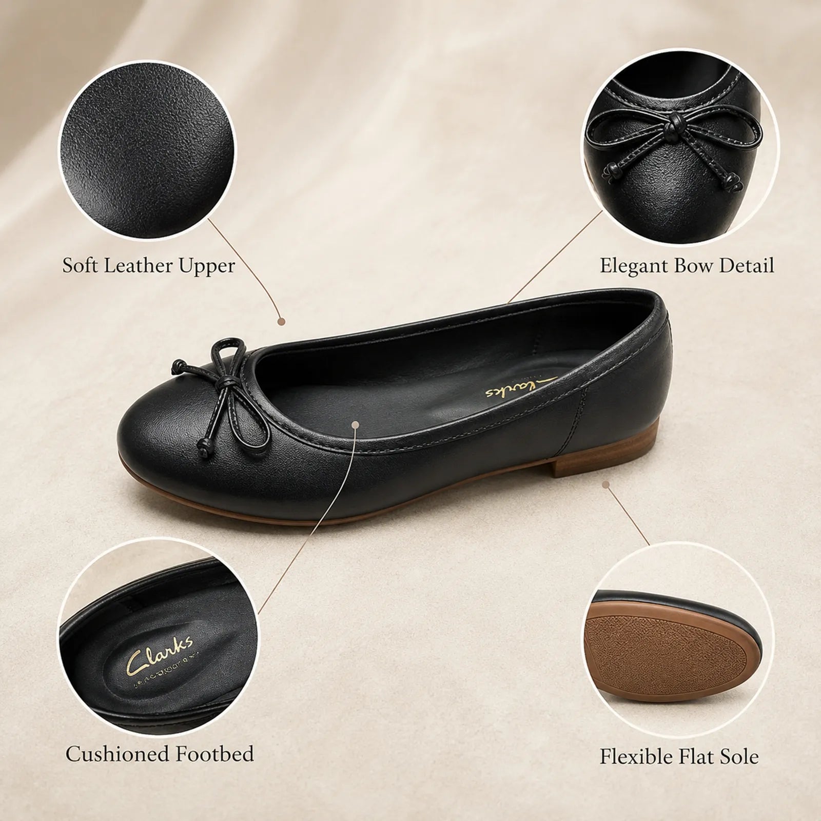Women’s black leather loafers with bow detail and cushioned footbed