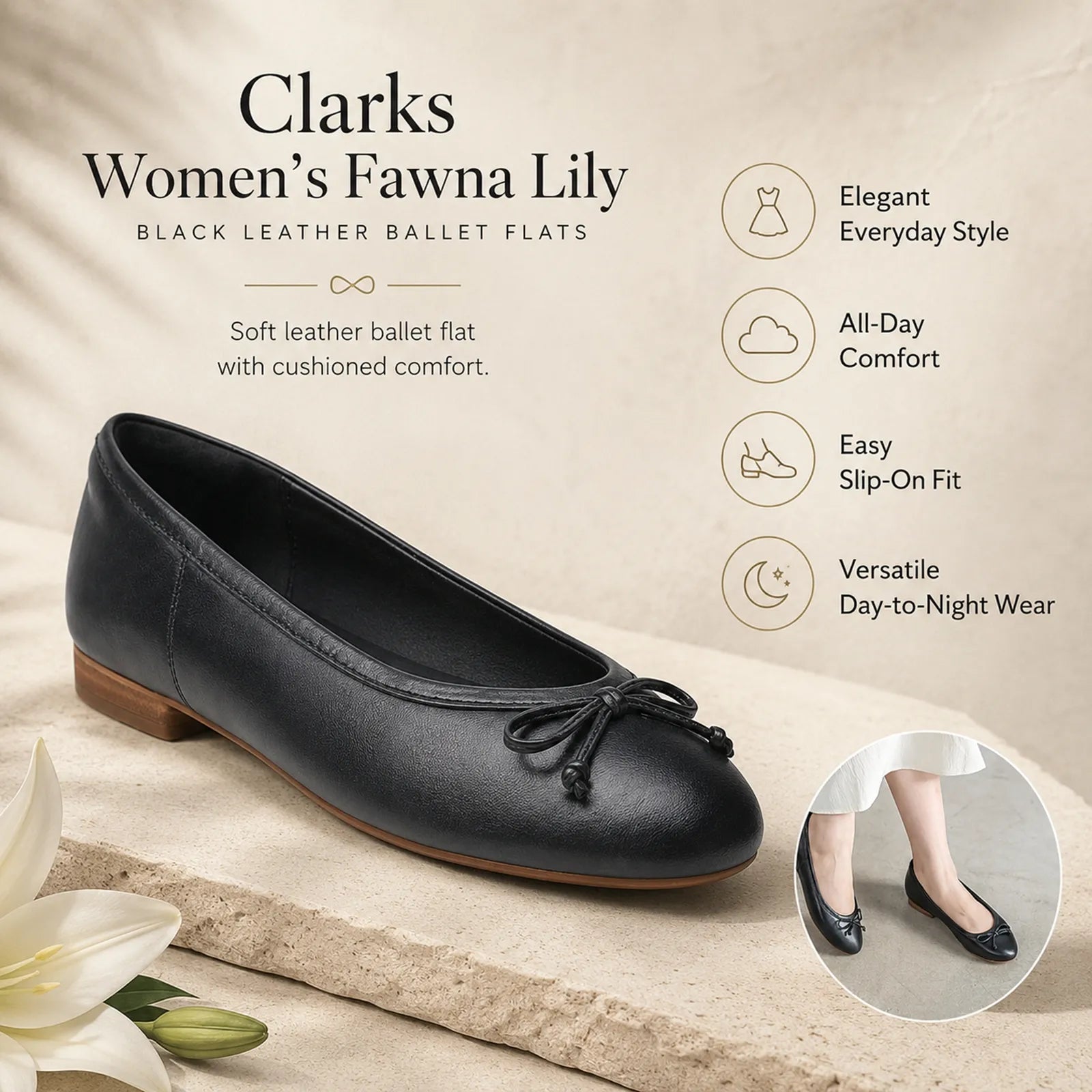 Women’s black leather ballet flats with bow detail and low block heel