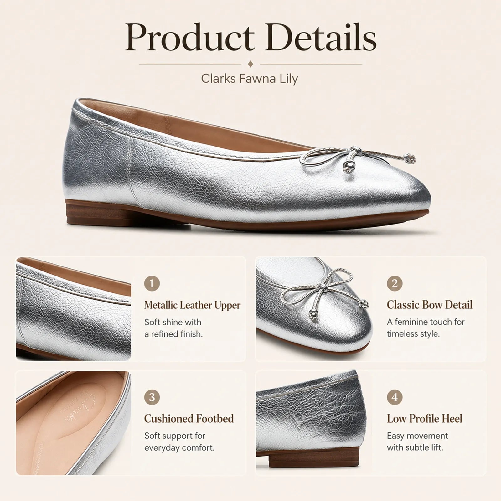 Silver leather loafers with bow detail and low-profile block heel
